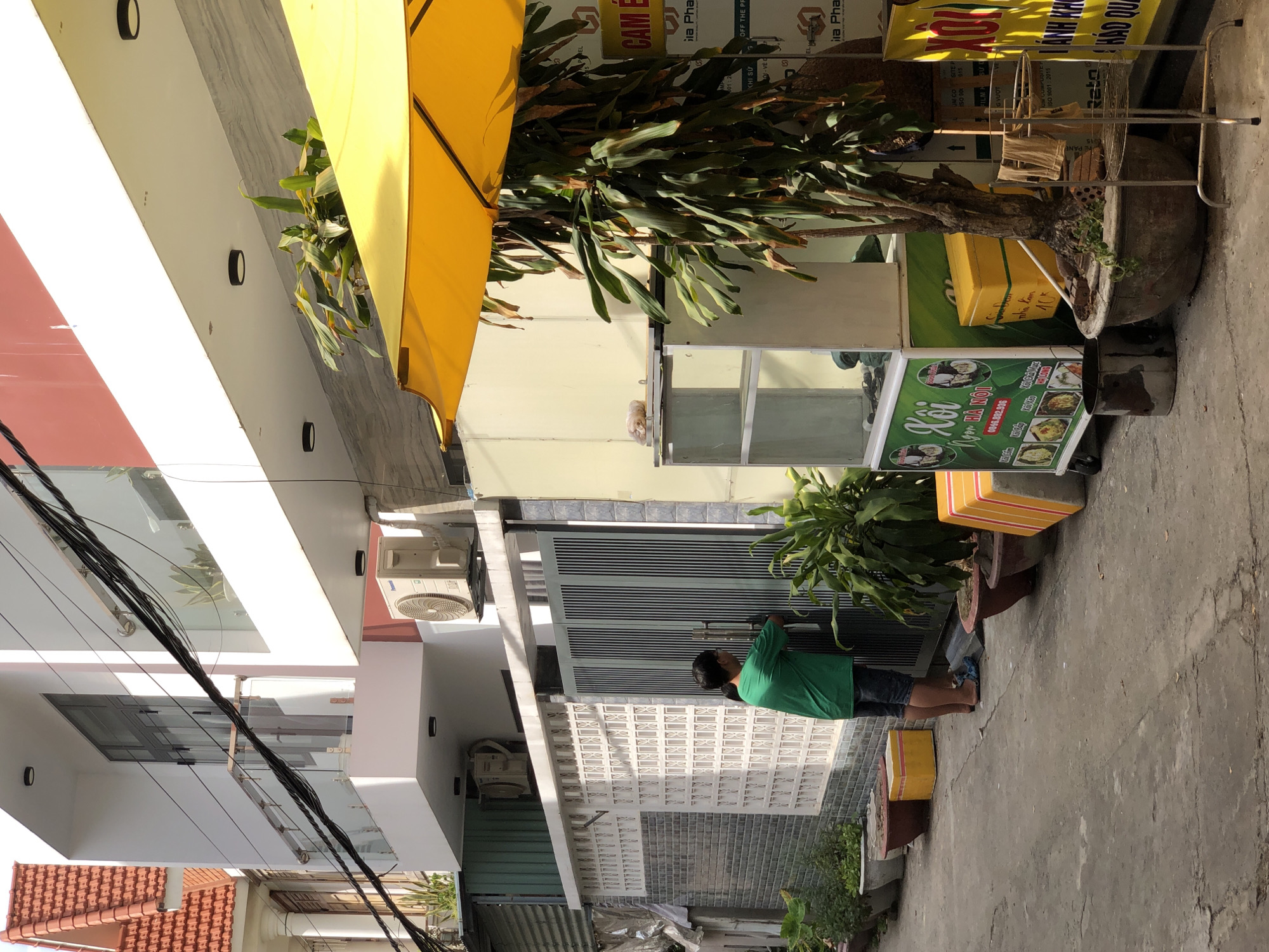 The image depicts a narrow outdoor alleyway in the city of Da Nang, Vietnam, likely in a residential or commercial area. In the foreground, a person wearing a green t-shirt and dark shorts stands facing a metal gate, appearing to interact with its latch. To the right of the gate, a vibrant yellow umbrella shades a small food stall with green and white signage. A potted plant with lush green leaves grows in a large ceramic pot near the stall. Further down the alley, several large potted plants are arranged along a white latticed wall. The buildings flanking the alley are modern with clean lines, featuring balconies and air conditioning units. The ground is paved with concrete. The overall impression is of a typical urban scene in Vietnam with elements of daily life and local commerce.