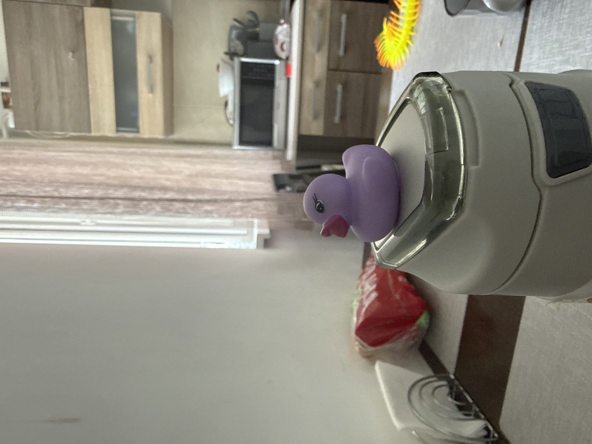 A purple rubber duck toy with closed eyes and a pink beak sits on top of a white and gray appliance. In the background, a red and white bag of bread is on a table, along with a microwave and kitchen cabinets. The scene appears to be an indoor kitchen or dining area. This image was taken in Chișinău, Moldova.