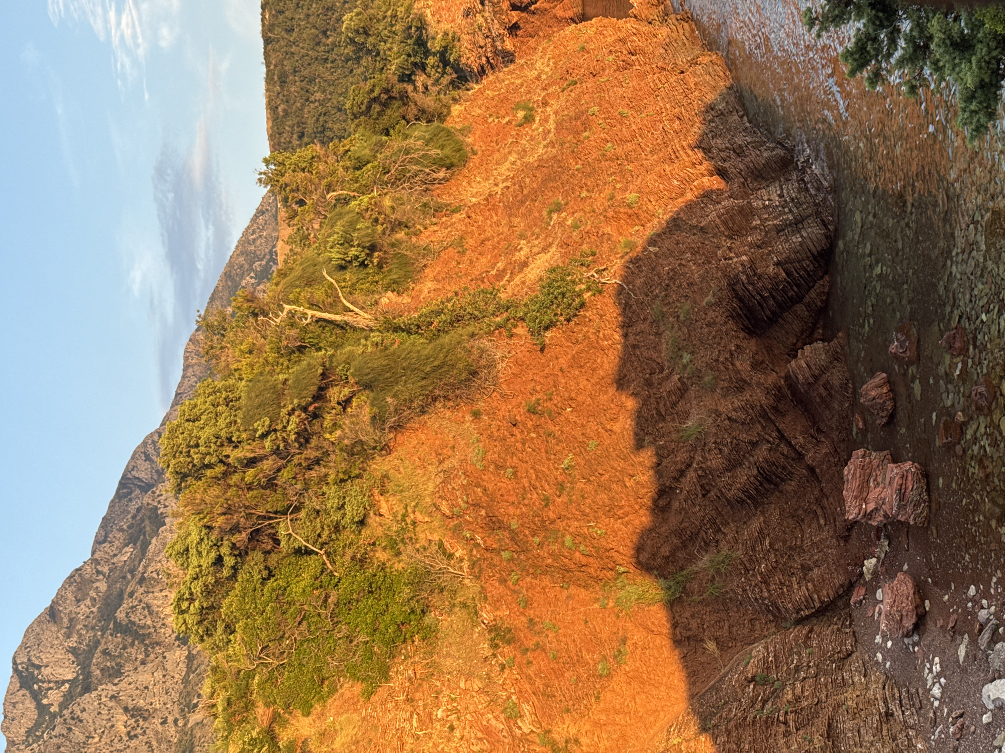 The image shows a sun-drenched rocky coastline with sparse vegetation. The prominent subject is the rugged, layered rock formations, illuminated with warm, orange hues by the setting sun. These rocks slope downwards towards the sea, which is visible as a shimmering, reflective surface on the right side of the image. A section of a steep, tree-covered mountain rises on the left, its slopes meeting the blue sky, which has wispy white clouds. The vegetation consists of green shrubs and some dry, bare branches, clinging to the rocky terrain and the mountain slopes. The scene is characterized by strong contrasts between light and shadow, with the sun casting a large, dark shadow across the orange rocks. The overall impression is one of natural beauty and rugged wilderness. The time of day appears to be late afternoon or early evening, given the warm, low-angle sunlight. There is no visible text in the image.