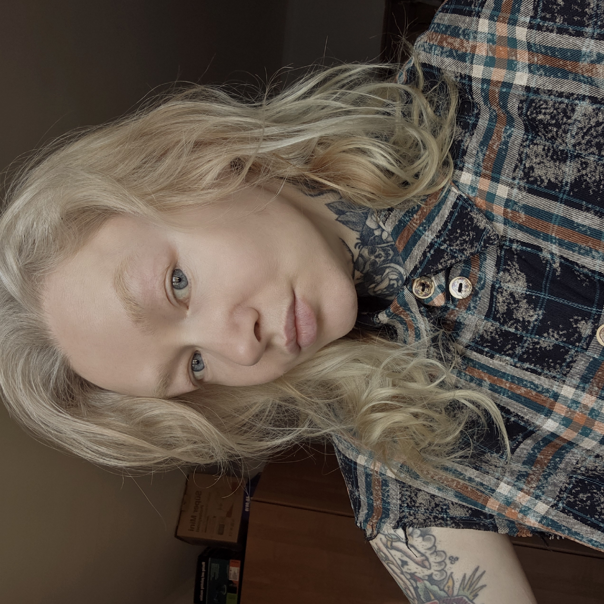 A close-up, tilted portrait shows a person with long, wavy platinum blonde hair, fair skin, and light blue eyes looking directly at the camera. Their eyebrows and eyelashes are very light, matching their hair color. They have full, light pink lips and a neutral expression, with a slight tilt of the head to their left.
The person is wearing a distressed plaid flannel shirt in shades of dark blue, white, teal, and orange, with areas that appear bleached or faded. Decorative buttons, possibly with an iridescent or abalone-like finish, are visible on the shirt's placket and pocket area. Extensive black and grey floral or paisley tattoos cover their neck, extending onto the collarbone and shoulder. A colorful tattoo, featuring what appears to be a plant or flower, is visible on their right forearm, extending from beneath the shirt sleeve.
The background is simple, with a plain, dark wall on the left side and a wooden surface, possibly a dresser or shelf, on the right. Some cardboard boxes are stacked on the wooden surface, with partially visible text including "Super Mini" (or "Suqǝr MiNi" when upside down). The lighting is soft and even, suggesting an indoor setting. The overall mood is contemplative.