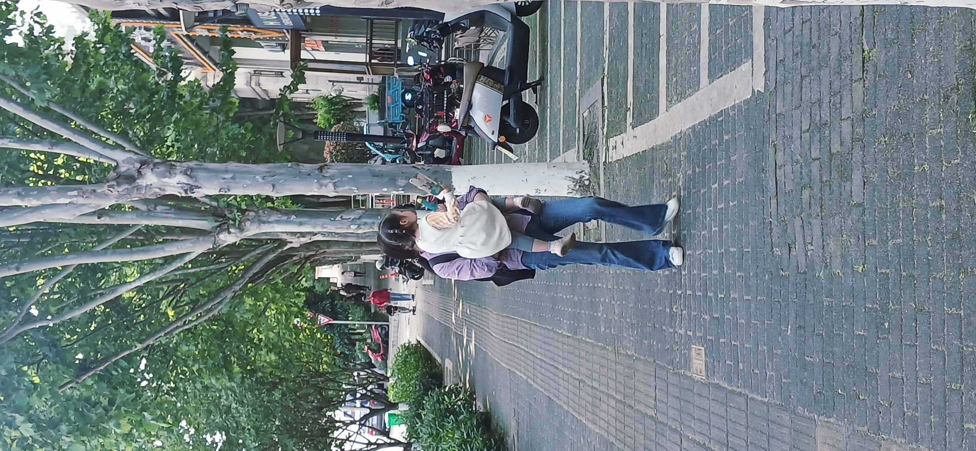 An outdoor, eye-level, full shot captures a woman carrying a child on her back, walking along a tree-lined sidewalk in what appears to be an urban setting. The image is oriented vertically (rotated 90 degrees clockwise from original orientation).
The main subjects are a woman and a young child. The woman, viewed from behind and slightly to her right, is wearing a light purple long-sleeved shirt, blue jeans, and white sneakers. Her dark hair is pulled back. She is carrying a small child in a beige or light-colored back carrier. The child, also seen from behind, wears a light-colored dress or top with pigtails, and light-colored socks/shoes. The child appears to be looking towards the left side of the frame.
They are walking on a grey brick-paved sidewalk with visible white markings, possibly indicating a lane or crosswalk. To their left, a row of mature trees with light-colored, peeling bark and broad green leaves lines the path, casting shadows. Beyond the trees and further down the sidewalk, other pedestrians are visible, some blurred, including one person in a red shirt. To the right of the sidewalk, a curb separates it from what appears to be a street or parking area where several electric scooters or motorcycles are parked. A prominent white and black scooter is visible, displaying the brand name "YADEA" and a logo. Multi-story buildings are in the background, suggesting a city environment.
The time of day appears to be daytime, with soft, natural light, possibly late afternoon, and the weather seems clear. No specific emotions are discernible from the subjects' backs. Apart from "YADEA" on the scooter, other text on distant signs or objects is too small or blurred to be legible.