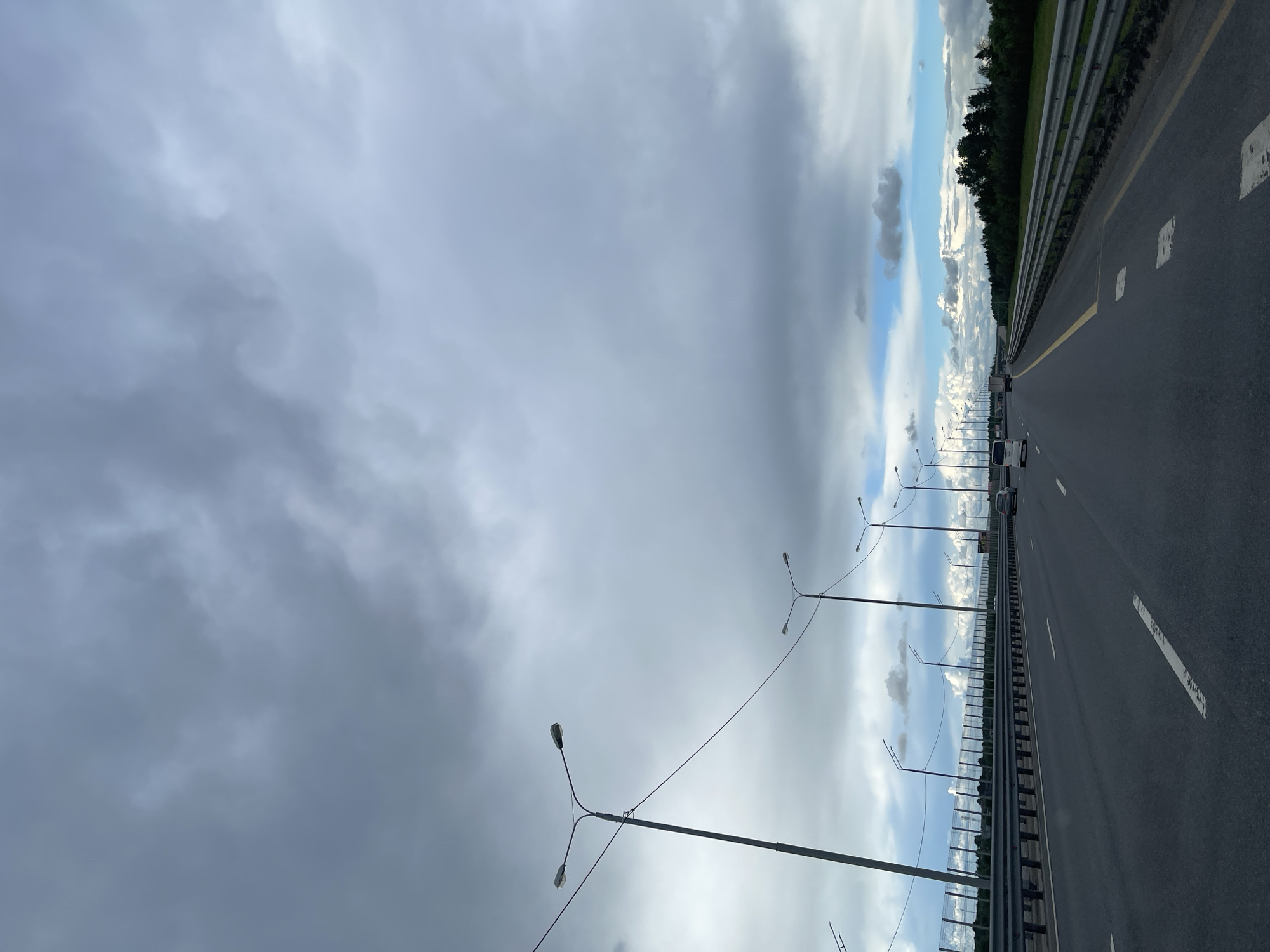 The image shows a highway in Бавыкино, Russia. The road is multi-lane and paved. Streetlights line one side of the road. A guardrail runs along the edge of the highway. Beyond the guardrail, there is a strip of trees and sky. The sky is predominantly cloudy. There are a few vehicles on the highway.