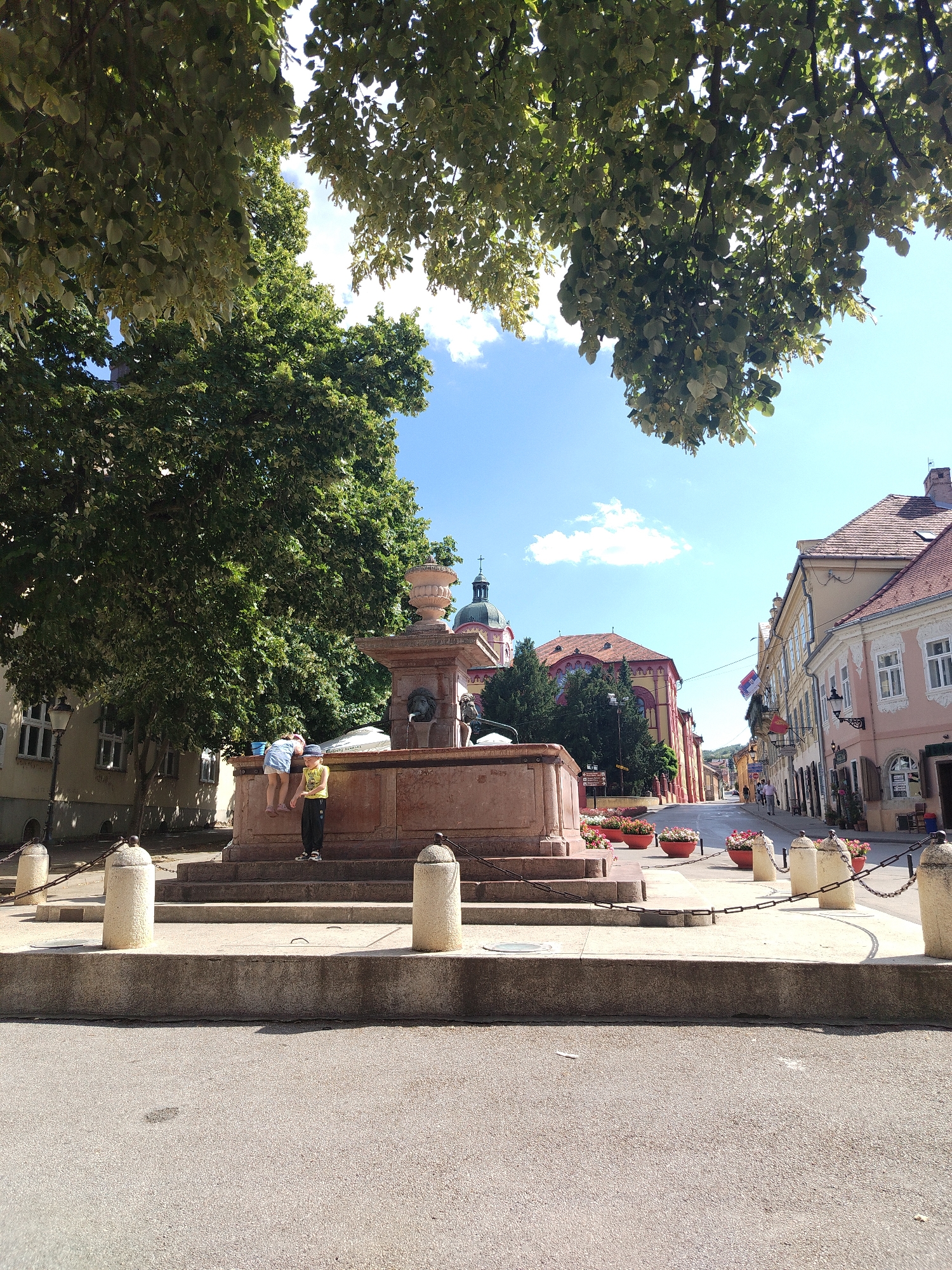 In the city of Sremski Karlovci, Serbia, a public square features a stone fountain adorned with classical urns and lion head motifs. Two children, a boy and a girl, are positioned on the fountain's base. The boy, wearing a yellow t-shirt and dark pants, stands facing forward, while the girl, in a blue shirt and shorts, is seated. Surrounding the fountain are short, bollard-like stone posts connected by chains, and several red planters filled with flowers. Beyond the fountain, a street lined with colorful, historic buildings recedes into the distance. Lush green trees with broad leaves partially shade the scene, and the sky above is clear blue with a few white clouds.