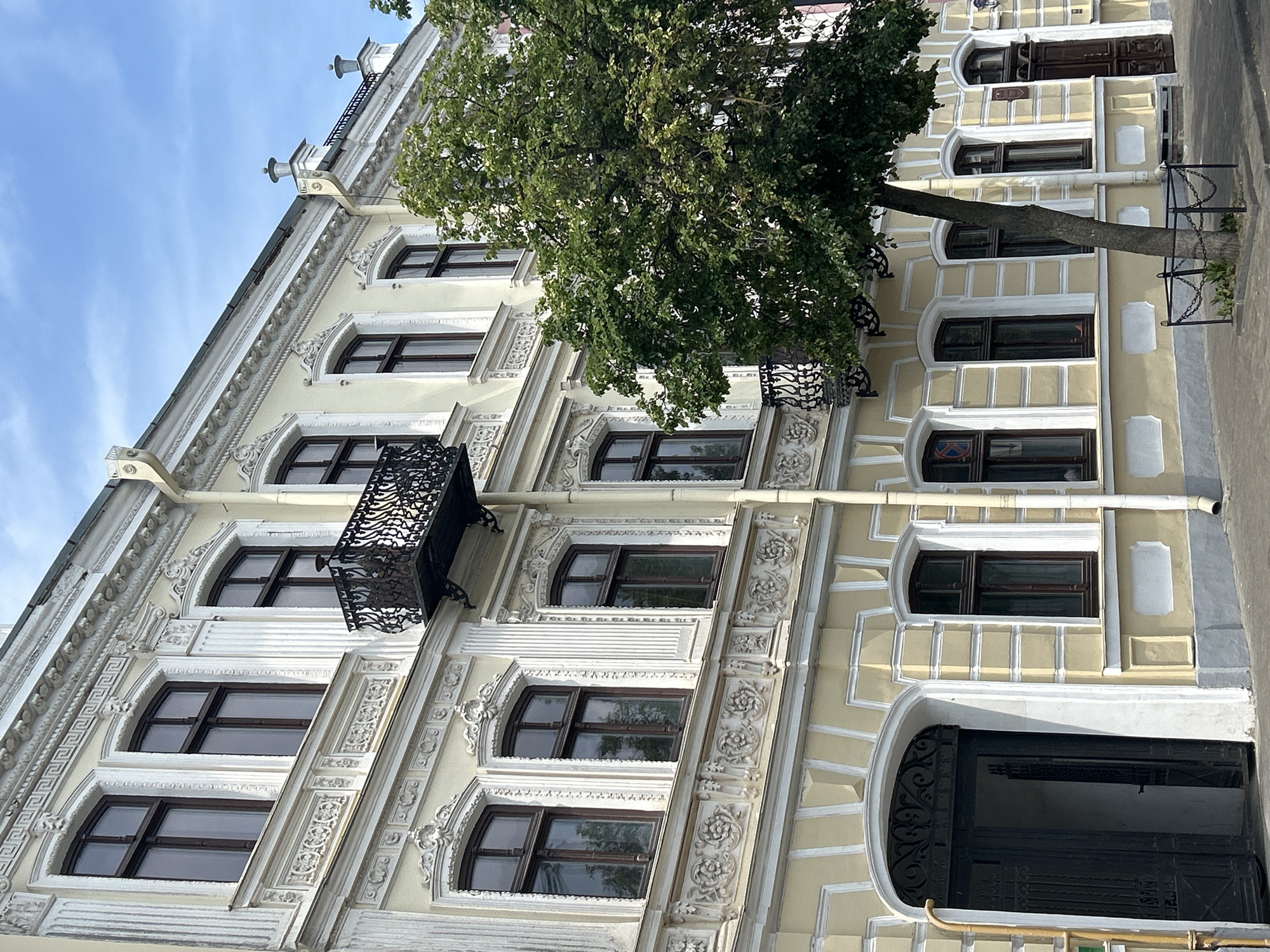 This is a medium shot of a pale yellow, ornate building with dark-framed windows. The building has multiple stories, each adorned with intricate decorative plasterwork, including dentil molding, floral motifs, and columns. There are two wrought-iron balconies protruding from the second story. A large, leafy green tree stands in front of the building, partially obscuring the lower floors on the right side. A dark, open gateway with decorative ironwork is visible on the far left. The sky is partly cloudy. The scene appears to be a street in a city.