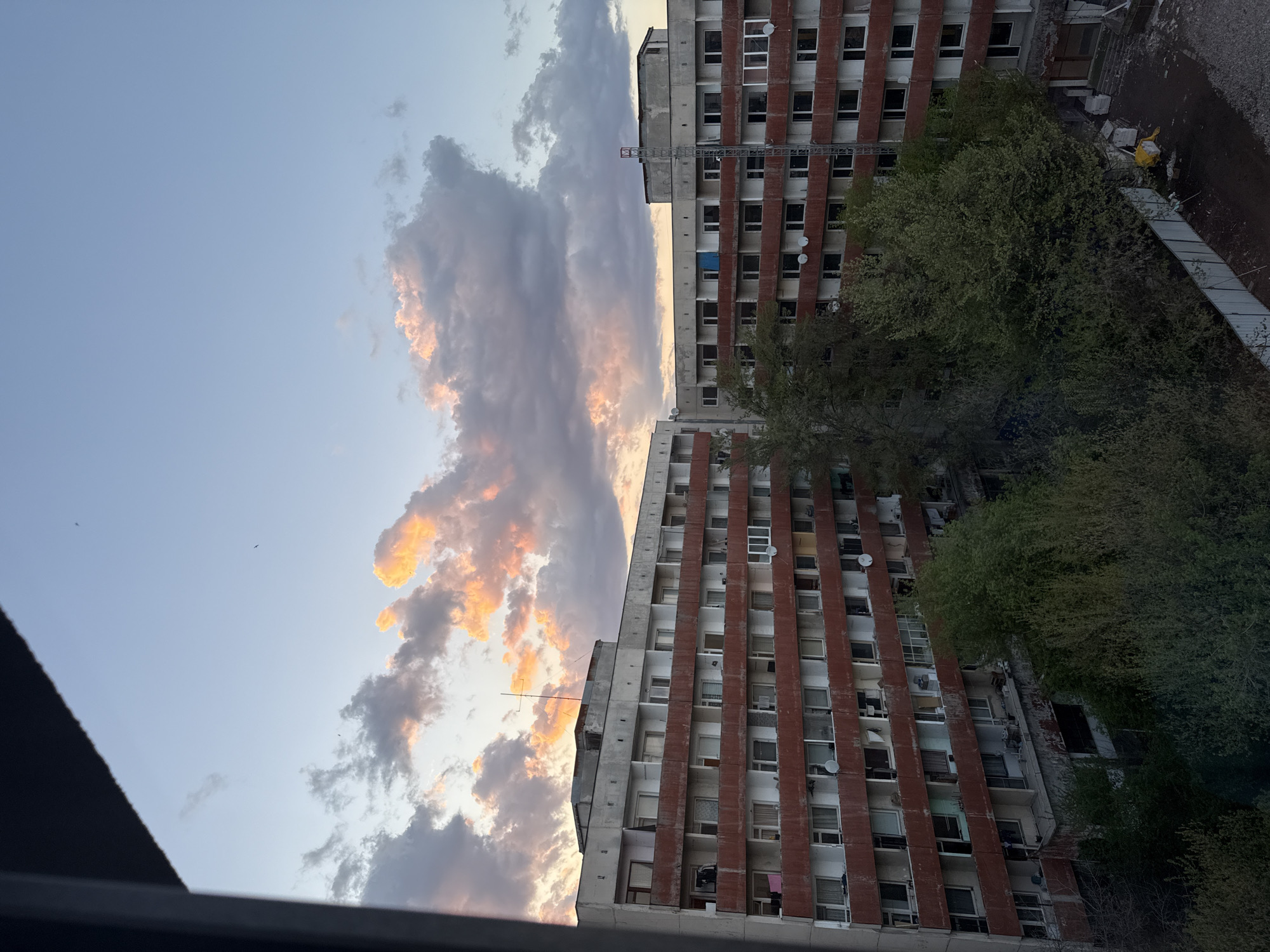 This vertically oriented image captures an urban scene in Sofia, Bulgaria, likely during sunset or sunrise. The prominent subjects are two multi-story residential buildings, characteristic of post-socialist architecture, which occupy the right side of the frame. These buildings feature a concrete structure with reddish-brown facade sections and numerous windows, many with visible blinds, curtains, air conditioning units, or satellite dishes. The taller building on the upper right appears to have a crane arm or part of a construction frame on its roof.
The sky, filling the left and upper-middle parts of the image, is a significant element, adorned with dramatic, scattered clouds. Many of these clouds are illuminated with warm hues of orange, pink, and golden yellow from below, contrasting with darker grey clouds and a light blue expanse. This striking light indicates either early morning or late evening. A few small, dark specks, possibly birds, are visible against the clear sky.
Between the buildings and extending into the lower right, a cluster of green trees with dense foliage partially obscures the lower floors and the ground. Near the base of the buildings, an unpaved area or dirt ground is visible, along with some construction-related items, including a yellow object and a temporary metal barrier. The immediate foreground on the bottom left shows a dark, indistinct edge, likely a balcony railing or window frame. The scene is devoid of people and discernible text, portraying a quiet urban environment under a picturesque sky.
