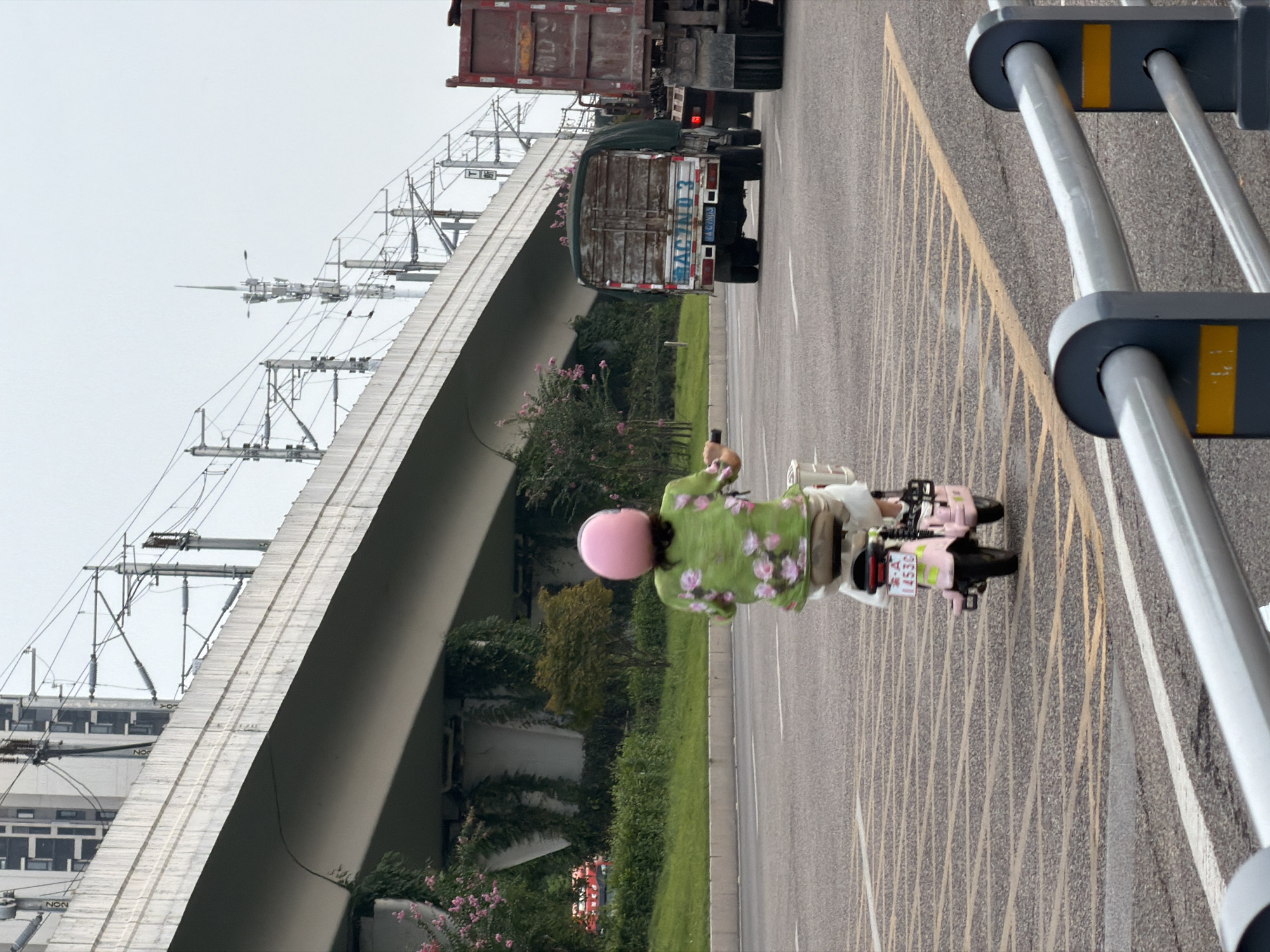 In Jiangjin, China, a person wearing a pink helmet and a floral-patterned green shirt rides a pink electric scooter on a multi-lane road under an elevated railway bridge. The scooter has a license plate that reads "14530". Two trucks are visible on the road; one is a covered truck with a license plate that reads "ACINO 3", and another truck is partially visible to its right. The environment includes a grassy area beside the road with some pink flowers, and a building with multiple windows is visible in the background under the bridge. The sky is overcast.