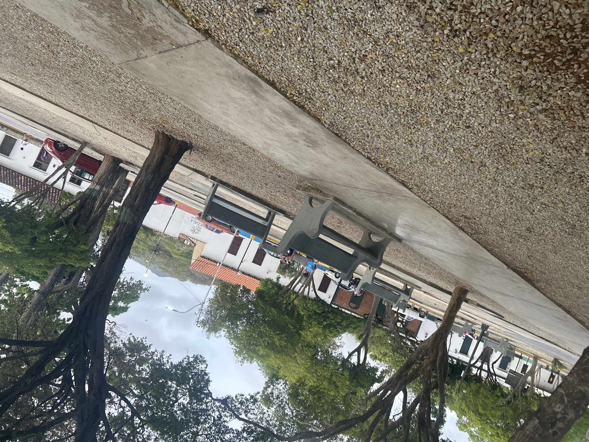 The image shows a street scene in Santa Ana, Venezuela, on an overcast day. A concrete walkway runs diagonally across the foreground, bordered by gravel. Several park benches are situated along the walkway, some occupied by people. Behind the walkway, buildings with white walls and red tile roofs line the street. Trees with thick trunks and green foliage provide shade. Cars are parked along the street, and a few people are walking or standing. The overall impression is of a quiet, somewhat arid urban environment.