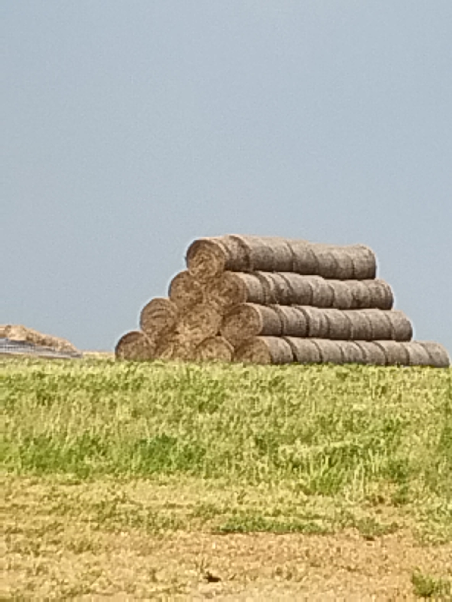 In a field outside the city of Чумна, Russia, a stack of hay bales is arranged in a pyramidal shape. The stack is composed of four rows: the bottom row has five bales, the second row four, the third row three, and the top row two. The bales are cylindrical and appear to be tightly packed. The field is covered in green grass, and a clear sky is in the background. Another, less organized stack of hay bales is in the far distance.