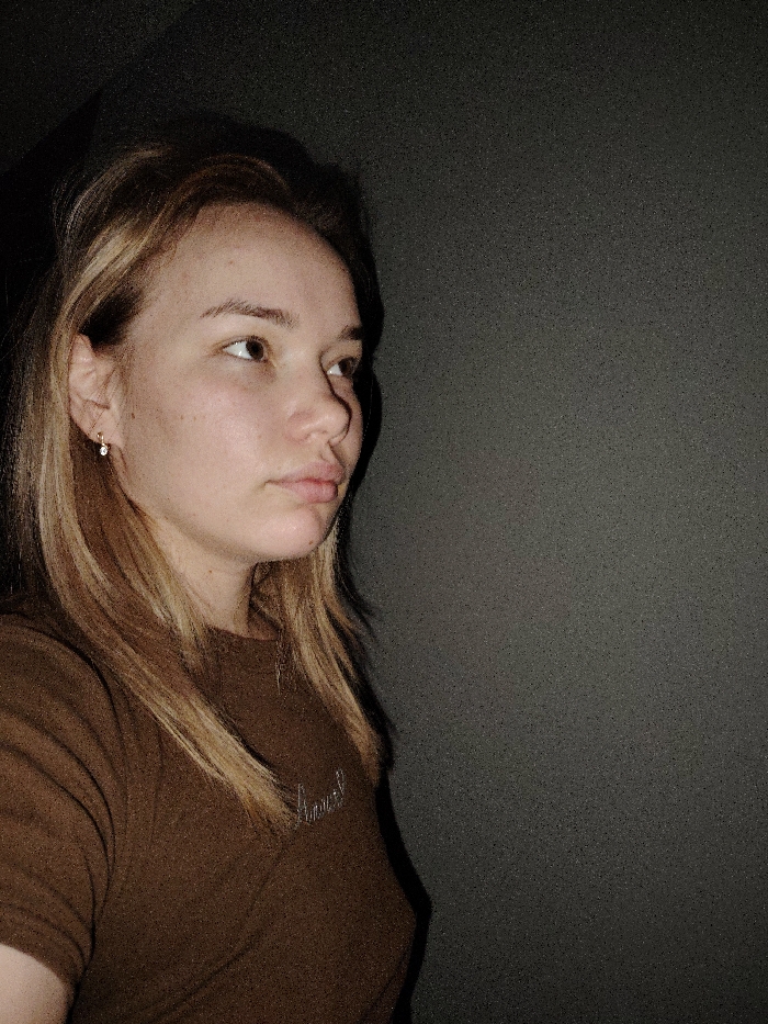 A woman with blonde hair and brown eyes looks to her right. She is wearing a brown t-shirt with a faded design on the chest. Her expression is neutral. The background is a plain gray wall with poor lighting, creating a grainy effect. She has a small earring in her left ear. The image is a close-up shot, focusing on her face and upper body.