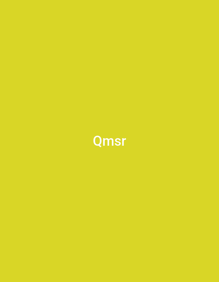 The image displays the white text "Qmsr" rendered in a sans-serif font, centrally positioned against a uniform, solid yellow background. No other subjects, objects, people, actions, or interactions are present. The environment is abstract, consisting solely of this color field, and lacks any discernible features or context that would indicate a specific physical location or cityscape, such as Casablanca, Morocco.