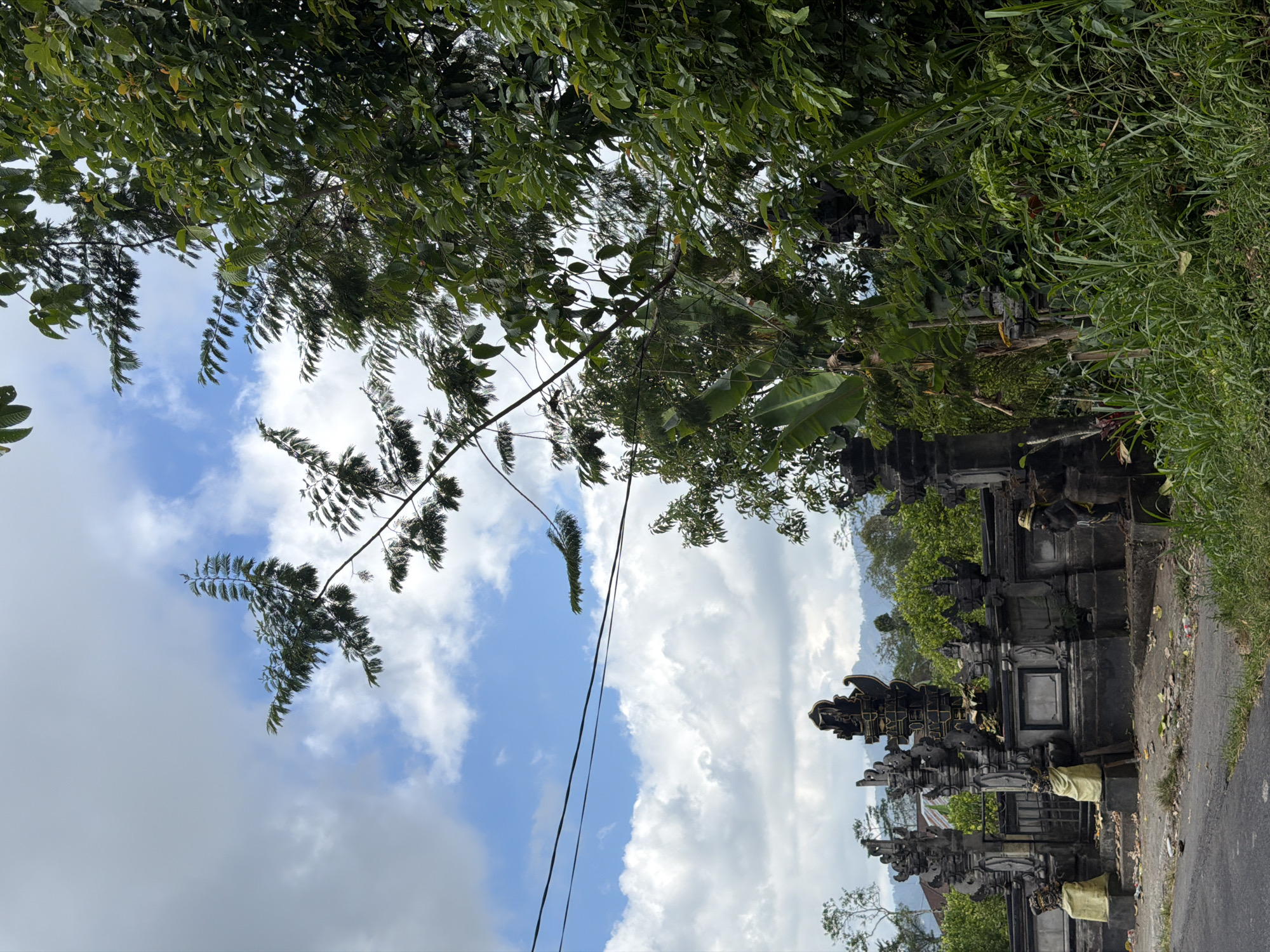 In the city of Kintamani, Indonesia, an outdoor scene captures a cloudy sky with patches of blue. A wall with intricate stone carvings and decorative statues stands prominently, with two figures draped in yellow fabric on the left and a single standing figure on the right. The wall is made of dark stone and features various architectural elements, including pillars and layered stonework. Beyond the wall, dense green foliage, including banana leaves and tall grasses, dominates the foreground and right side of the frame. A road runs along the left side of the wall. In the background, lush green hills and mountains are visible beneath the cloudy sky, with hints of structures and trees suggesting a rural or semi-rural setting. Power lines are strung across the upper portion of the image.