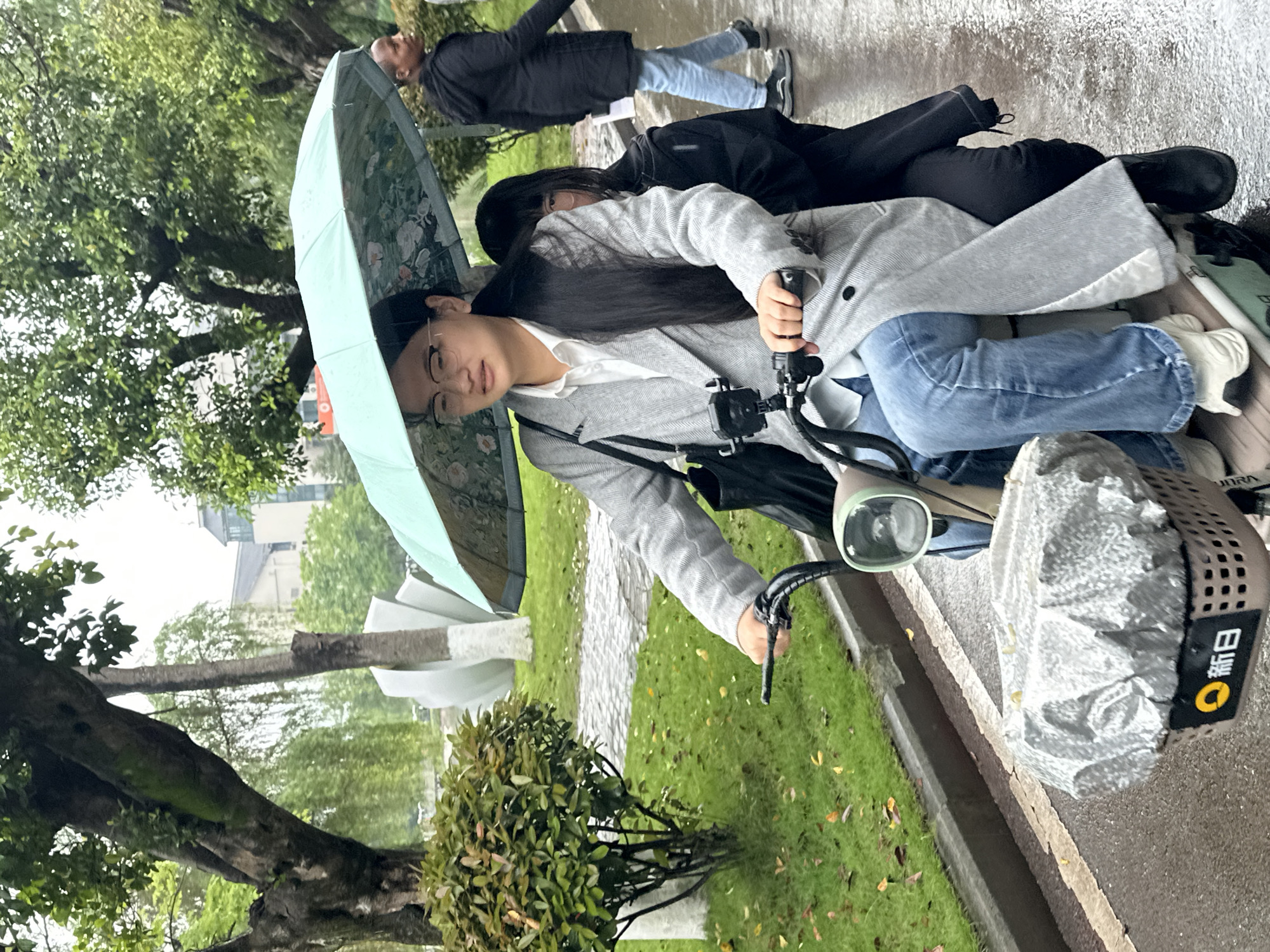 A woman with long, dark hair, wearing glasses, a gray coat, and blue jeans is riding a moped while holding a light green umbrella in the rain. Another person is riding on the back of the moped, and a third person is walking behind them. The moped has a covered basket on the front. The scene appears to be in a park or green space, with trees, bushes, and a modern white sculpture visible. Based on visual clues, the location is likely Jiangjin, China.