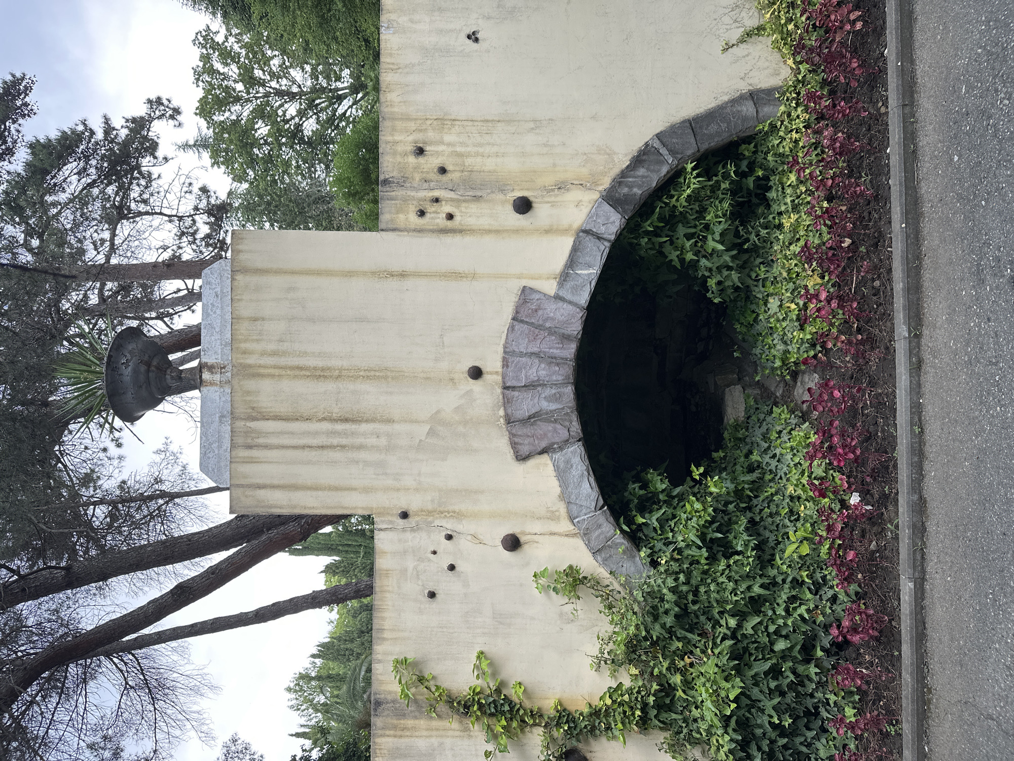 This is a vertical, eye-level, outdoor photograph of a wall with an arched opening, located in Sochi, Russia. The wall is made of a pale yellow stucco material and appears aged, with some staining and cracking. Several dark, round objects are embedded in the wall, creating a textured effect. The arched opening is lined with stones and is partially obscured by dense green ivy that grows over and around it. To the right of the opening, a row of plants with dark red leaves borders a paved area, likely a sidewalk or road.
To the left of the wall, a large, dark, urn-like object sits atop a concrete pedestal. This is framed by the branches of several trees, some of which are bare while others are covered in green foliage. The sky above is overcast, suggesting a cloudy day. The overall scene has a somewhat overgrown and weathered aesthetic, hinting at a garden or park setting. No people are visible in the image, and there is no visible text. The photograph captures a quiet, possibly overlooked, architectural feature within a natural environment.