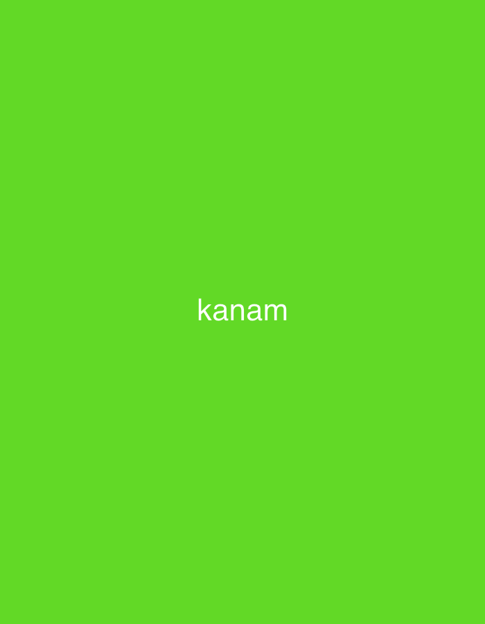The image displays a solid, vibrant lime green background. Centered horizontally and vertically on this monochromatic field is the word "kanam," rendered in plain white, lowercase, sans-serif letters. There are no other discernible subjects, objects, or a specific scene or setting depicted in the image. No activity or event is taking place. The image lacks any notable details such as time of day, weather conditions, specific location cues, or emotional expressions.
