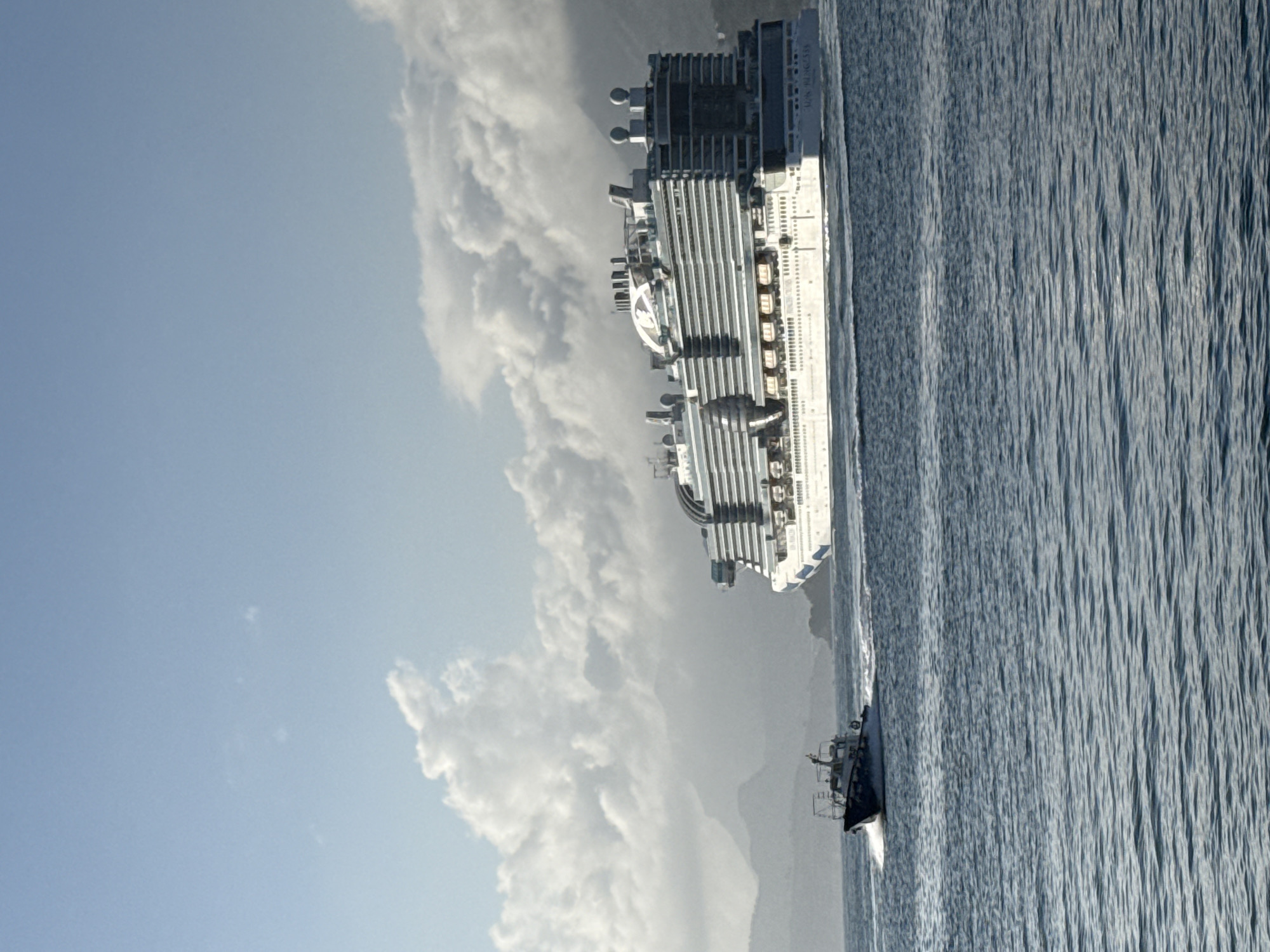 The image shows a large cruise ship sailing on the water near Bar, Montenegro. The ship is white and has multiple decks with balconies and windows. The water is blue-gray and slightly choppy. In the distance, there are mountains. The sky is light blue with white clouds. A smaller boat is sailing alongside the cruise ship.
