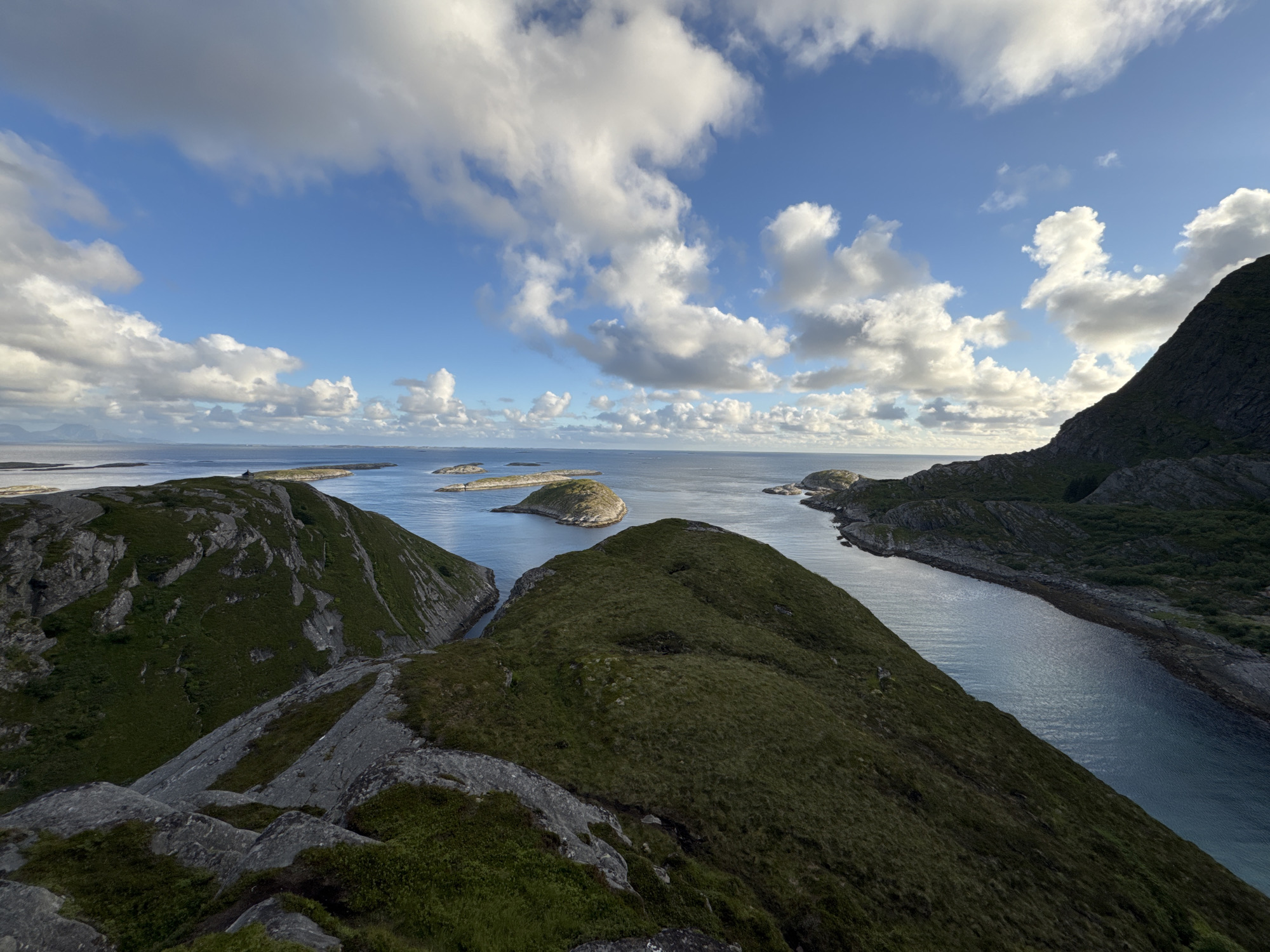 This is a panoramic, eye-level, daytime, outdoor, wide shot taken from a high vantage point, looking out over a rugged, green, hilly coastal landscape. The foreground consists of grey rocks and patches of green grass. Beyond this, rolling hills covered in green vegetation slope down towards a body of calm, blue water. Several small, green islands dot the water. In the distance, more islands are visible, and the horizon is marked by a hazy line of land or mountains. The sky is a vibrant blue, filled with scattered, fluffy white clouds. The scene is characteristic of the Lovund island in Norway, known for its dramatic natural beauty and rocky terrain. There are no people, animals, or man-made structures visible in the image. The lighting suggests it is late afternoon or early morning, with the sun casting shadows and highlighting the textures of the landscape.