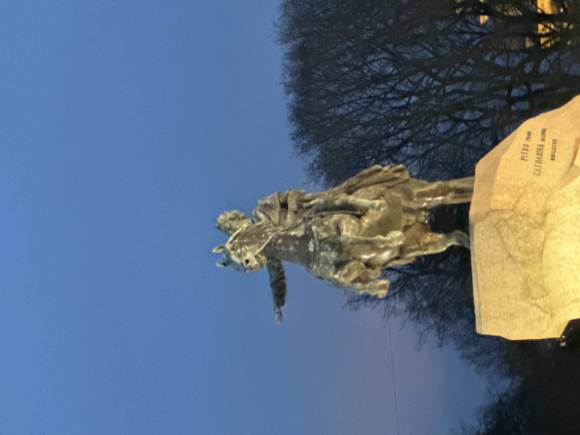 The image displays a monumental bronze equestrian statue, commonly known as "The Bronze Horseman," depicting Peter the Great, located in Saint Petersburg, Russia. The statue portrays a regal figure on a dynamically posed, rearing horse, with the rider's right arm extended forward in a commanding gesture. The bronze exhibits a weathered appearance, indicative of its age.
The statue is mounted on a colossal, irregular stone base, which is brightly illuminated by artificial light, lending it a warm, golden-brown hue. Against a deep blue, twilight or night sky, the stark, intricate silhouettes of bare tree branches are visible, suggesting the season is winter or early spring.
Visible text inscribed on the illuminated stone base provides historical context. The inscriptions read:
"PETRO PRIMO" (Latin for "To Peter the First")
"CATHARINA SECUNDA" (Latin for "Catherine the Second")
"MDCCLXXXII" (Roman numerals for the year 1782).
The overall scene captures the grandeur of a historic landmark under artificial light, creating a dramatic contrast with the darkening natural sky and the stark natural forms of the trees.