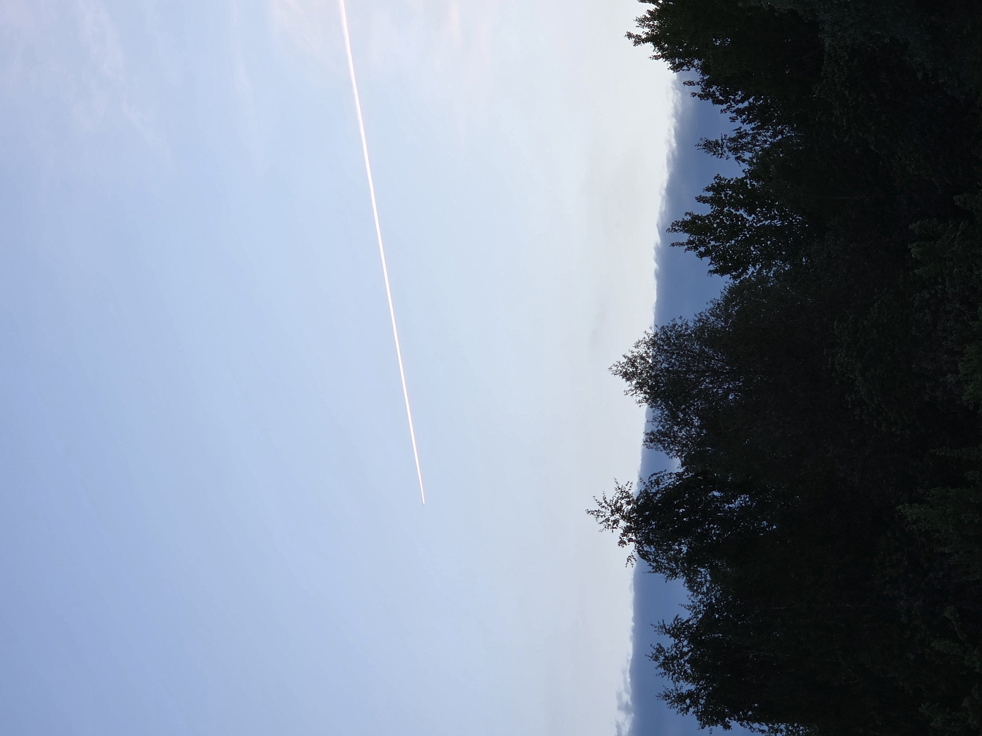 The image shows a sky with a contrail. In the lower right is a line of trees. The location is Unknown.