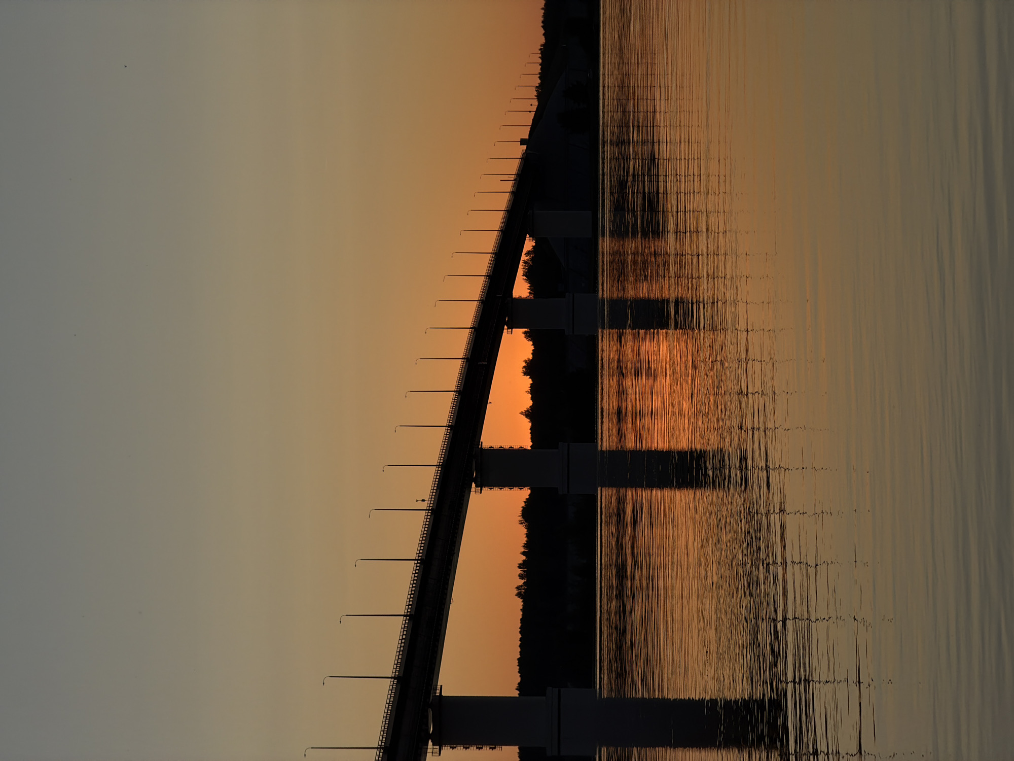 This is a horizontal, medium shot of a bridge over a body of water at sunset. The sky is a gradient of soft orange and pale blue. The bridge, a silhouetted structure with evenly spaced lampposts, spans the width of the frame. Its concrete supports are visible against the water, which reflects the warm hues of the sunset. A dark, tree-lined shore is visible in the distance, also silhouetted. The scene is calm and serene, with no people or animals present. This image was taken in Tarasovo, Russia.