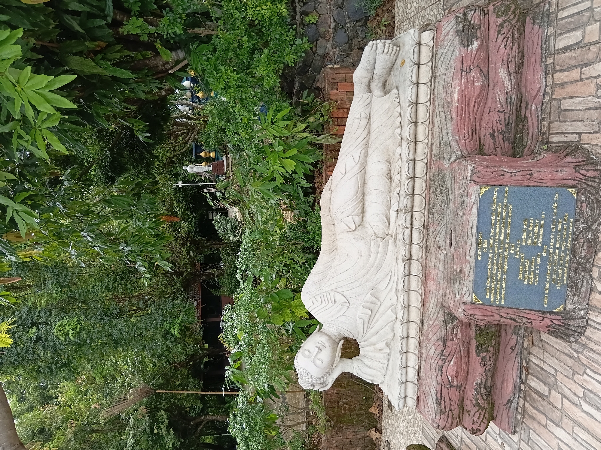 The image shows a large, white, reclining Buddha statue made of stone, lying on its right side with its head resting on its right hand. The statue is placed on a multi-tiered pedestal that is carved to resemble tree trunks and has a weathered, reddish-brown appearance. In front of the pedestal is a blue plaque with Thai text written in gold.
The statue is situated outdoors in a lush, green environment with dense foliage and trees surrounding it. In the background, there are more trees, bushes, and what appears to be a small building with a dark roof. To the left of the main statue, there are other smaller statues, including a white standing figure and decorative golden elements, partially obscured by the greenery. The ground in front of the statue is paved with light-colored bricks.
The scene suggests a religious or spiritual site, possibly a temple or a garden within a temple complex. The presence of the inscription on the plaque indicates that the statue may be a monument or a memorial. The overall atmosphere is serene and tranquil, with the natural setting contributing to a sense of peace. The statue is the primary focal point, rendered with intricate details in its drapery and facial expression.