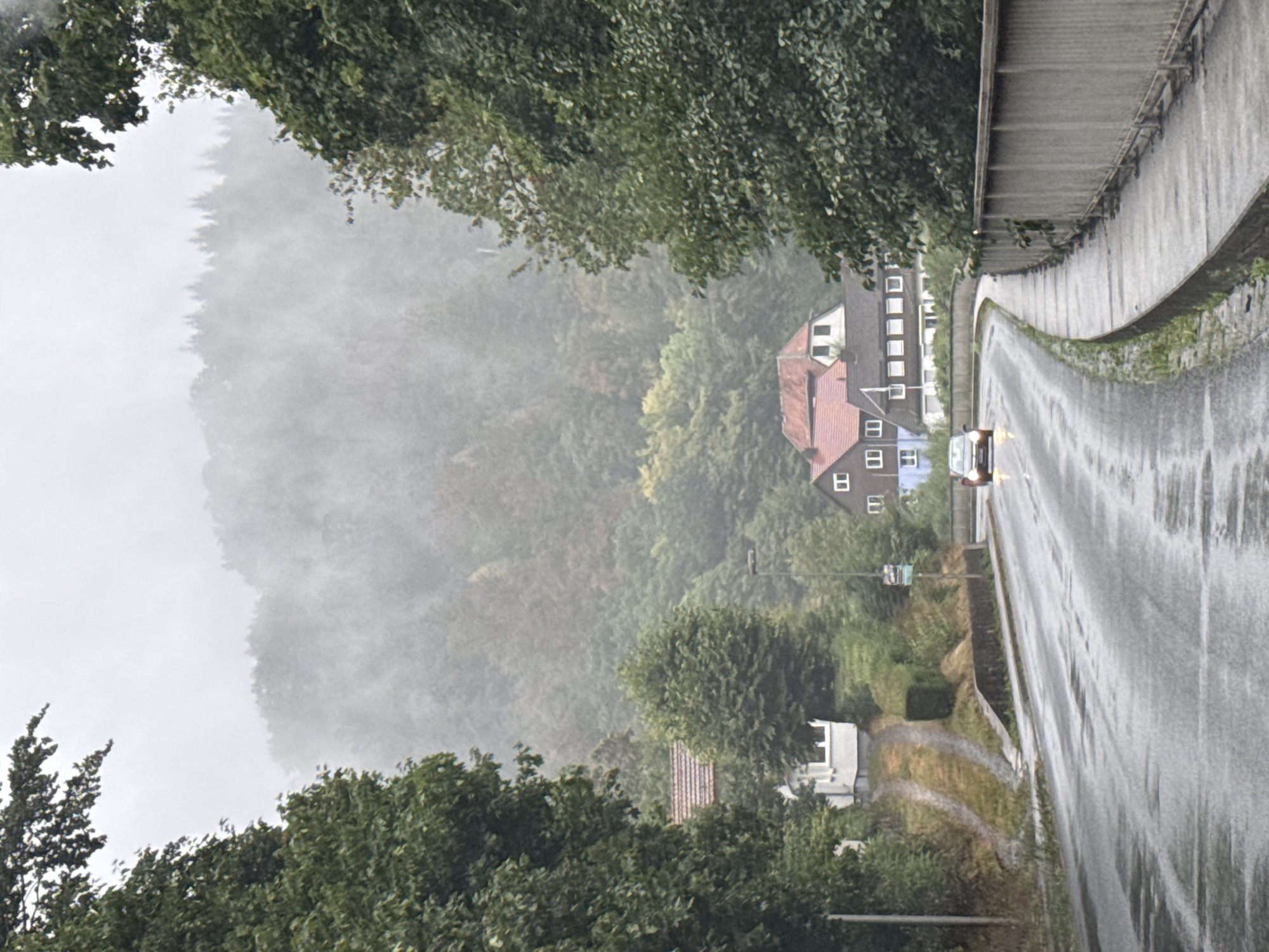 The image depicts a wet, overcast day on a road curving through a forested area. A single dark-colored car is driving away from the viewer on the wet asphalt road, which shows reflections of the sky and surrounding trees. The road is lined with a concrete barrier and sidewalk on the right. On the left side of the road, there is a steep embankment with vegetation and a narrow dirt path leading upwards. In the background, several houses with red and blue roofs are visible amidst dense green trees. The very back of the scene is obscured by fog, suggesting a mountainous or hilly terrain. The overall impression is one of a quiet, somewhat isolated rural or suburban setting experiencing inclement weather. The location is identified as Walkenried, Germany.
