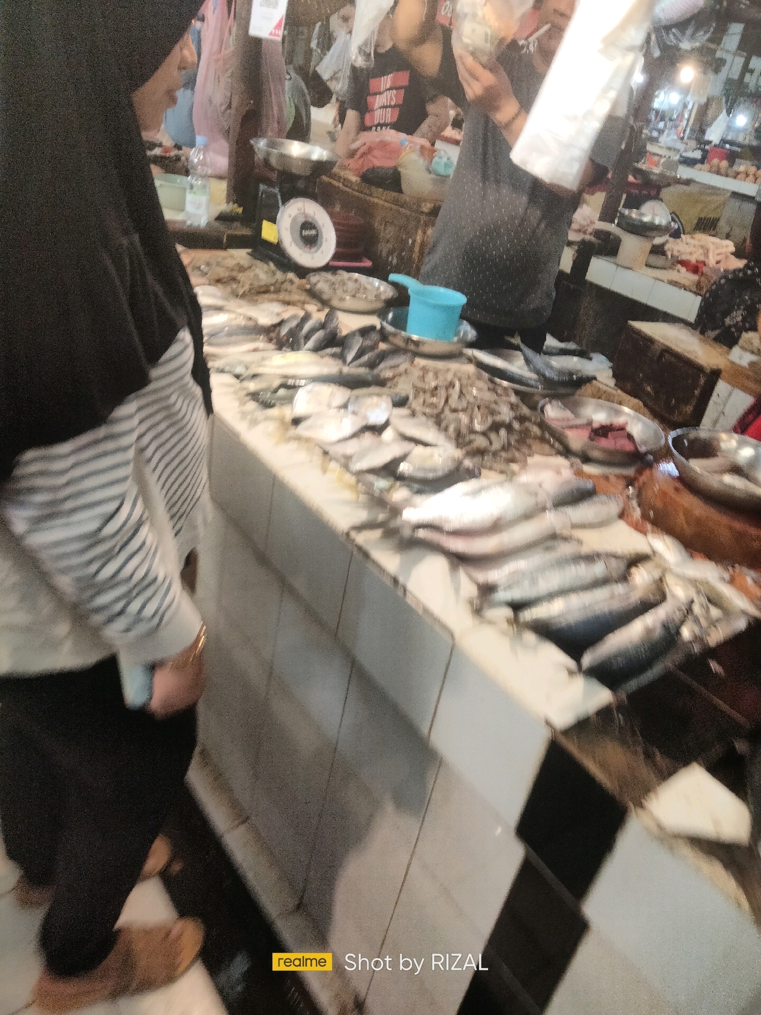 The image depicts a bustling fish market scene in Bojong Nangka, Indonesia. In the foreground, a person wearing a black hijab and a striped shirt is partially visible, appearing to be a customer or vendor. The main focus is on a stall filled with a large assortment of fresh fish, neatly arranged for sale. Several varieties of fish, from smaller ones to larger specimens, are displayed on a counter. In the background, other individuals can be seen amidst the market activities, and various market stalls and goods are present, suggesting a lively commercial environment. The overall atmosphere is typical of a local Indonesian market.