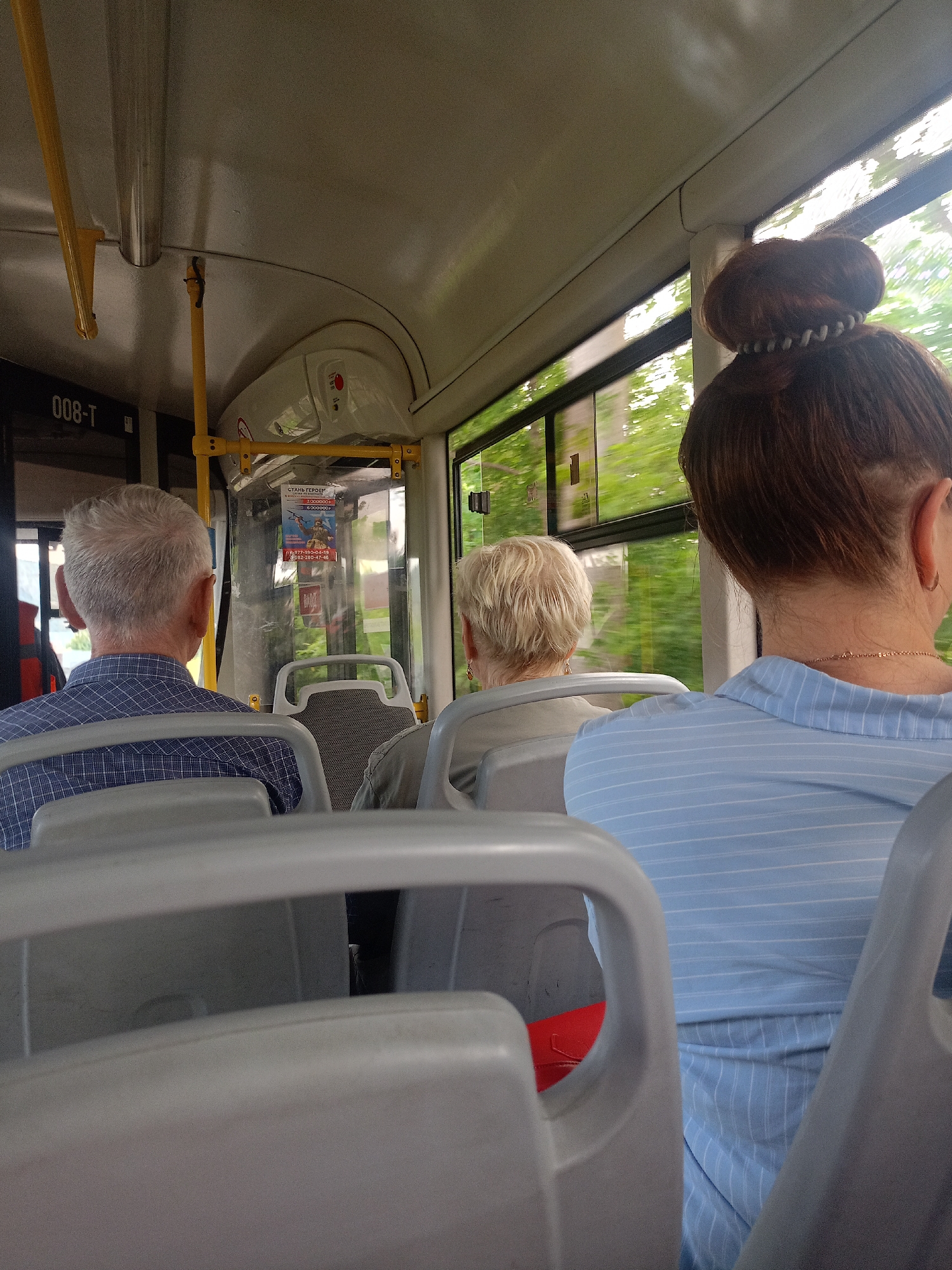 This image shows the interior of a public transport vehicle, likely a bus, in Zlatoust, Russia. Three individuals are visible from behind, seated on gray plastic seats.
In the foreground, on the right, a person with dark hair styled in a bun is wearing a light blue striped shirt. To their left, a person with short, blonde hair is wearing a gray top. Further to the left, an older man with gray hair is wearing a blue and white checkered shirt.
The interior of the vehicle is functional, with yellow grab poles and gray seating. A poster is visible on a transparent partition behind the blonde-haired person. The windows show a blurred view of green trees, suggesting the vehicle is in motion, passing through a leafy area. A sign with the text "008-T" is visible on the left side of the image. The lighting suggests it is daytime. The overall scene is mundane and depicts typical public transportation activity.
