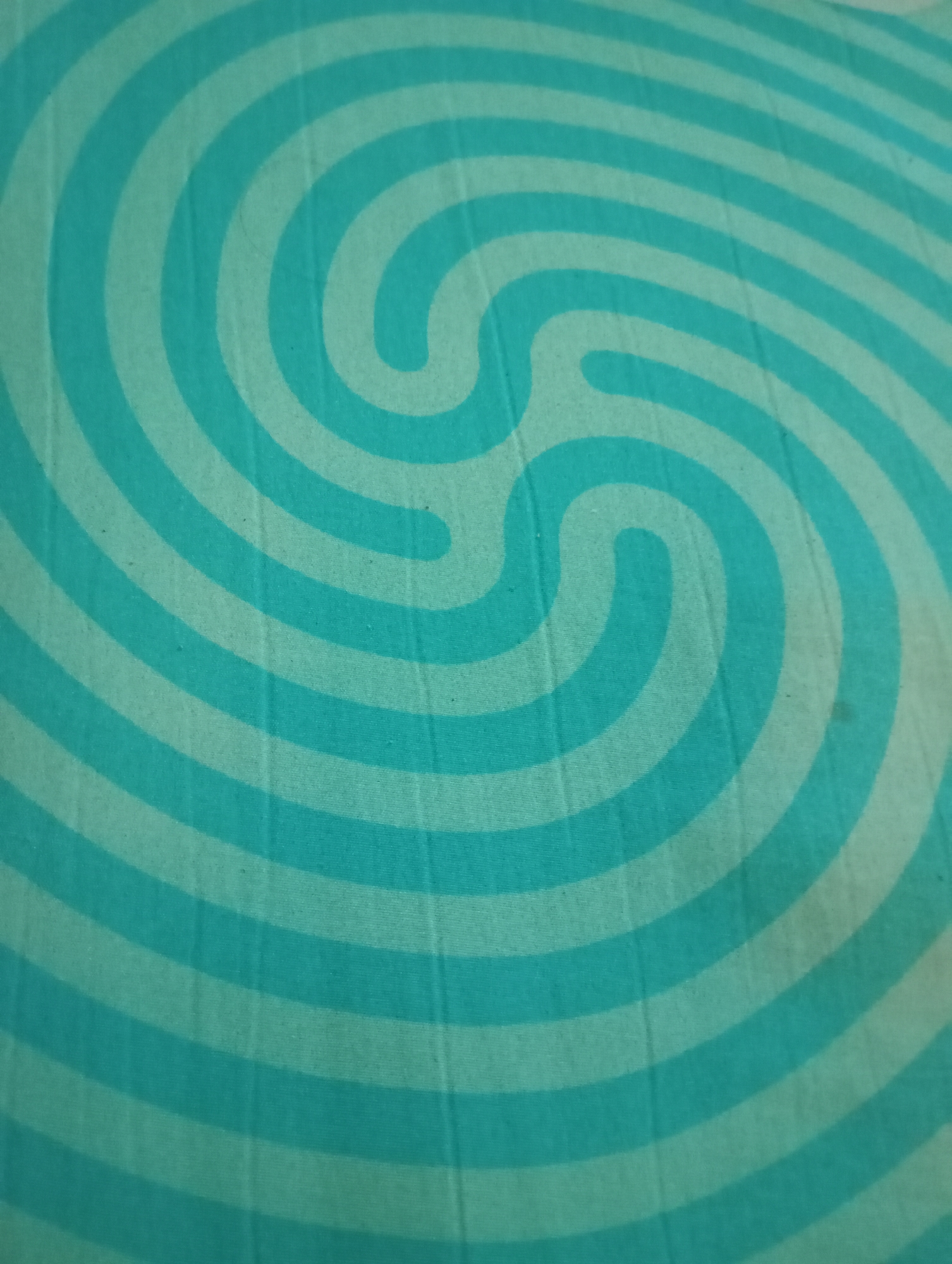 The image shows a close-up of a turquoise fabric with a swirling, concentric line pattern. The lines are alternating shades of turquoise and a lighter, pale green. The fabric appears to be textured, with visible weave lines and a slightly creased appearance. There are a few small, dark specks scattered across the surface. The pattern resembles a stylized labyrinth or a visual representation of sound waves. The lighting is even, casting no significant shadows. The image is a photograph of a flat surface, with no discernible background or context beyond the fabric itself. There are no people, objects, actions, interactions, or environmental features present in the image. The location of Kecamatan Haurgeulis, Indonesia is not represented in this image.