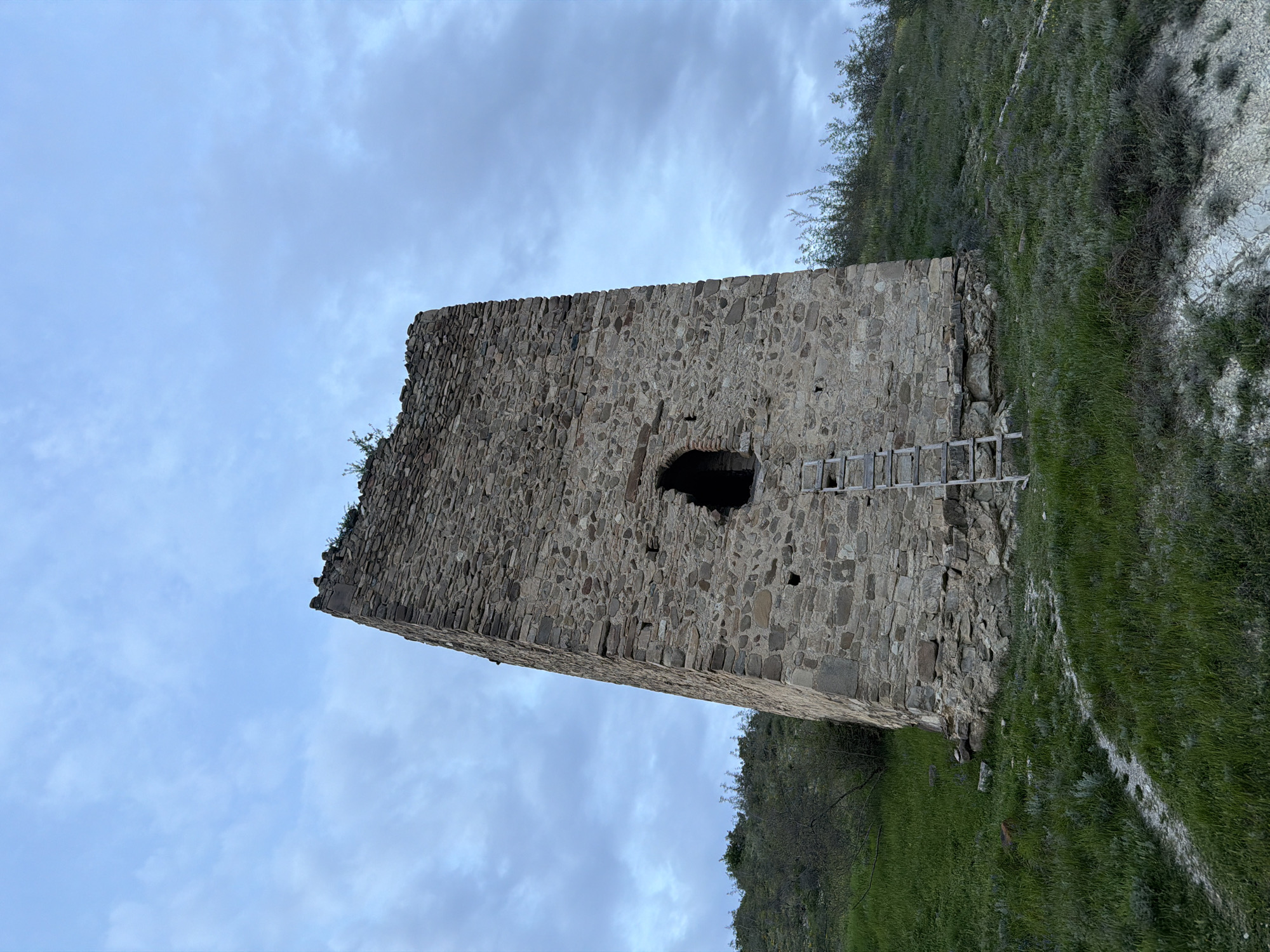 A low-angle, medium shot depicts a stone tower with a ladder resting against it in Zemo Nichbisi, Georgia. The tower is constructed of rough-hewn stones. A dark, empty window is visible high on the tower's facade. A wooden ladder rests against the wall, leading up towards the window. The tower is positioned on a grassy hillside with some scrub vegetation. The sky is overcast.