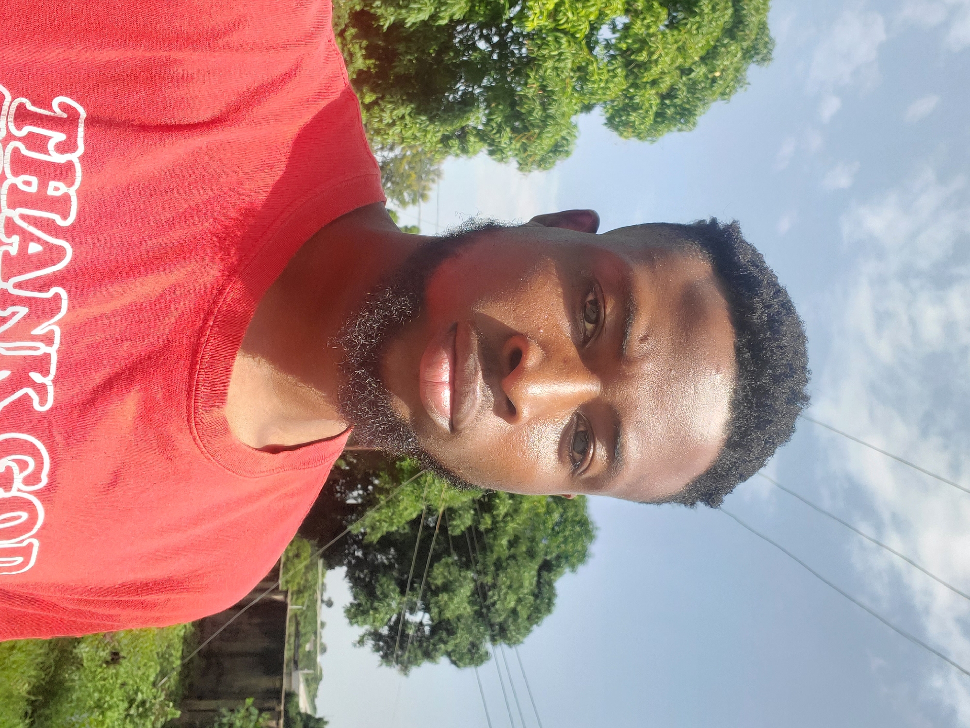 The image is a selfie of a Black man with short, dark, curly hair and a beard, wearing a red t-shirt with white lettering that reads "THANK GOD". He is outdoors with a clear blue sky and scattered clouds. Lush green trees are visible behind him, along with what appear to be power lines and a concrete wall. The lighting suggests it is daytime, likely sunny, as evidenced by the shine on the man's skin. The man is looking directly at the camera with a neutral expression. The background hints at a semi-urban or suburban environment, possibly on the outskirts of Jos, Nigeria, given the vegetation and the presence of power lines and a wall, which are common in such areas.