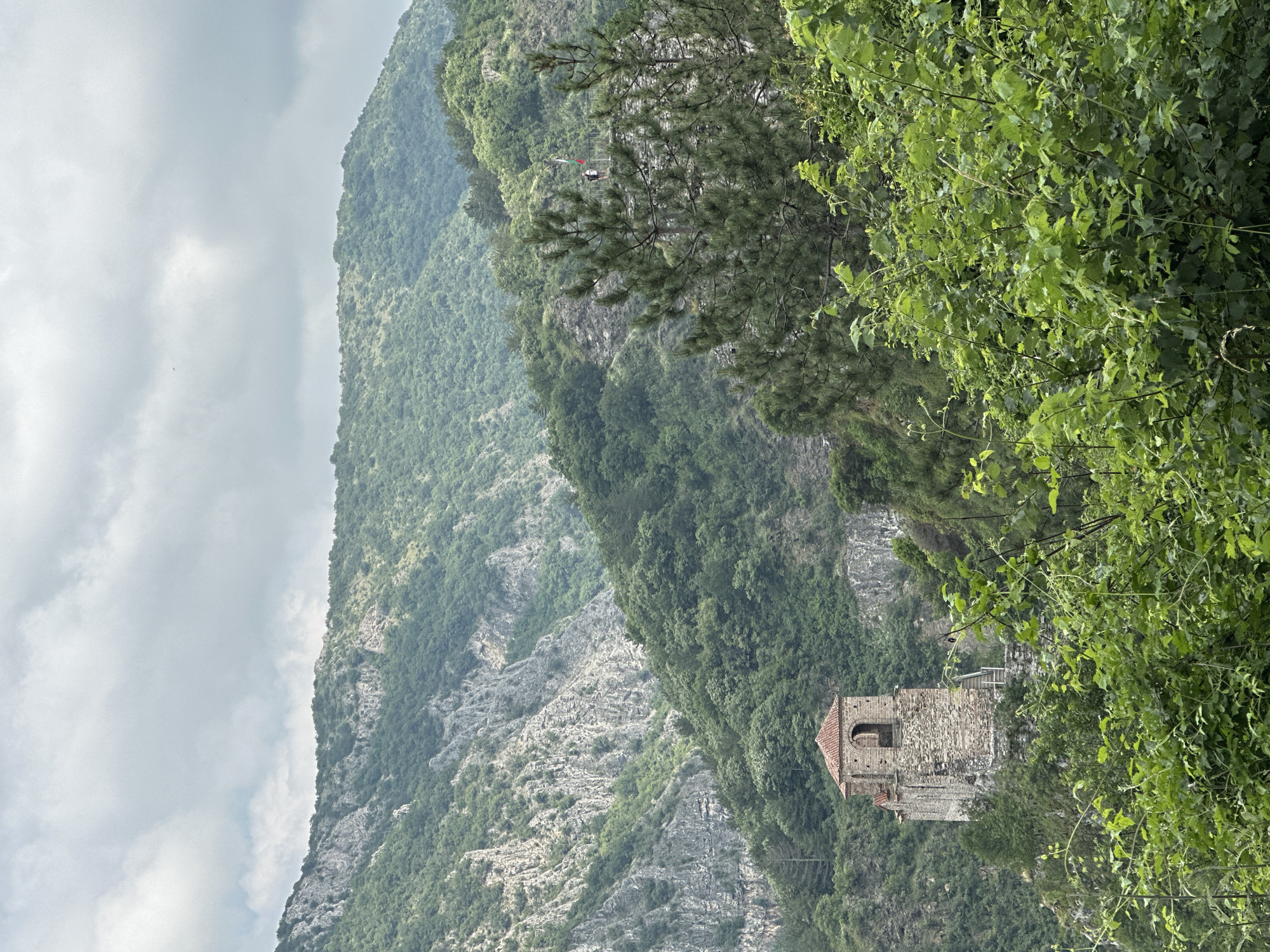 A vast mountainous landscape unfolds under a heavily overcast, cloudy sky. Lush, dense green foliage covers the majority of the mountain slopes, punctuated by exposed grey rock faces and rugged terrain. In the mid-ground, towards the right side of the image, an ancient stone building stands partially obscured by trees. It features sturdy stone walls, an arched window opening, and a distinctive reddish-brown tiled roof, resembling a church or watchtower. Thick green tree branches and leaves frame the foreground, predominantly on the right side, adding depth to the scene. Far in the distance, near the crest of a mountain, a small, indistinct object with white, red, and blue colors can be faintly seen, possibly a paraglider or distant marker. A tiny bird is also visible against the cloudy sky in the upper left. The diffused light suggests an overcast daytime, contributing to a serene and somewhat dramatic atmosphere. There is no human activity or visible text. The setting evokes the historical and natural beauty typical of locations like Asenovgrad, Bulgaria, hinting at a fortress or monastic complex nestled within the mountains.
