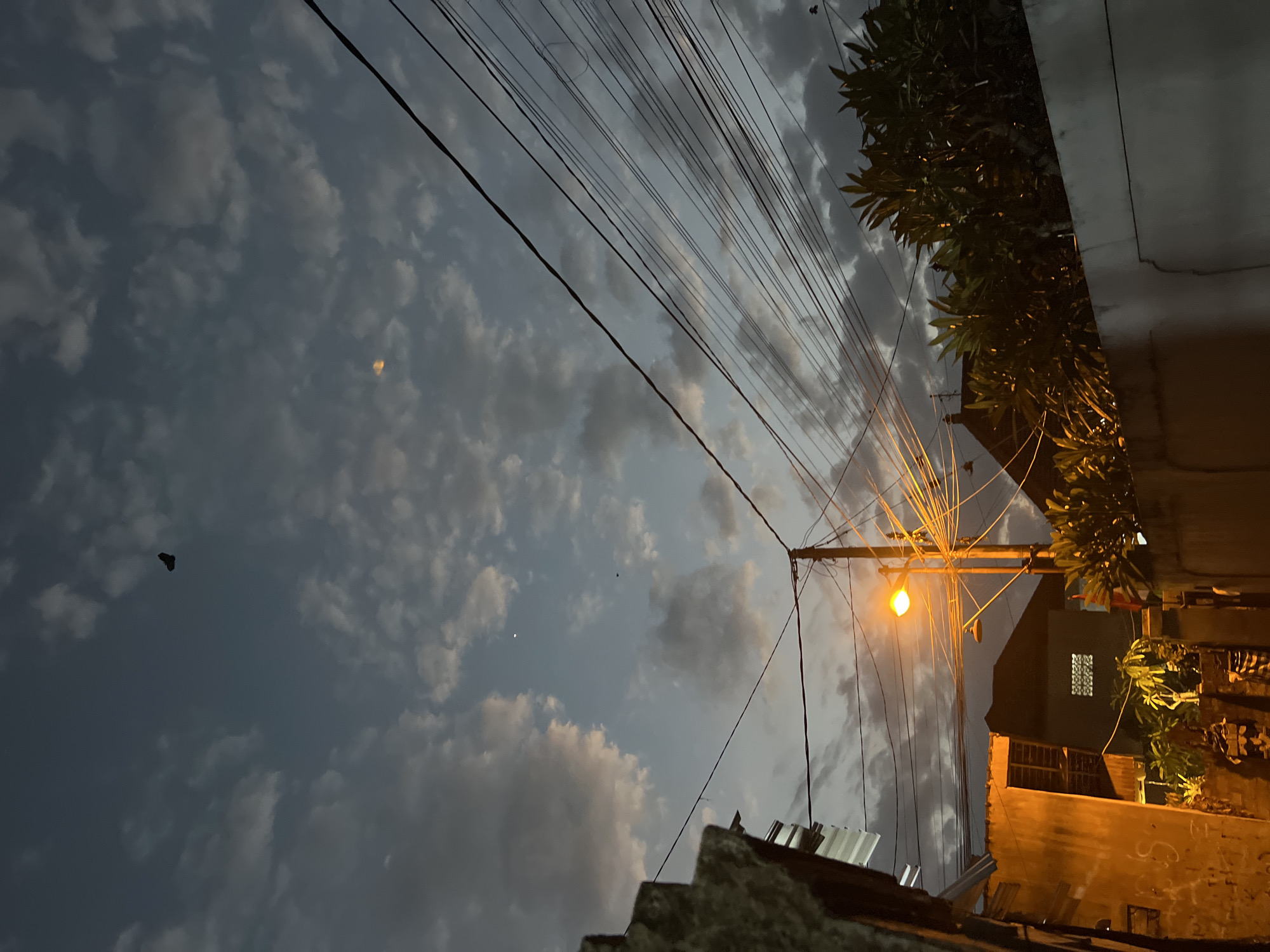 The image depicts an outdoor scene at dusk in Denpasar, Indonesia. A street lamp with a bright orange glow illuminates a dense network of electrical wires crisscrossing the frame. In the background, silhouetted buildings with dark rooftops and some with small, patterned windows are visible. Lush green foliage, lit by the warm light, borders the scene. The sky above is a blend of dark and lighter clouds, with hints of the fading daylight. A single small object, possibly a bird or a kite, is suspended in the upper portion of the sky. The overall impression is that of a residential street at twilight.