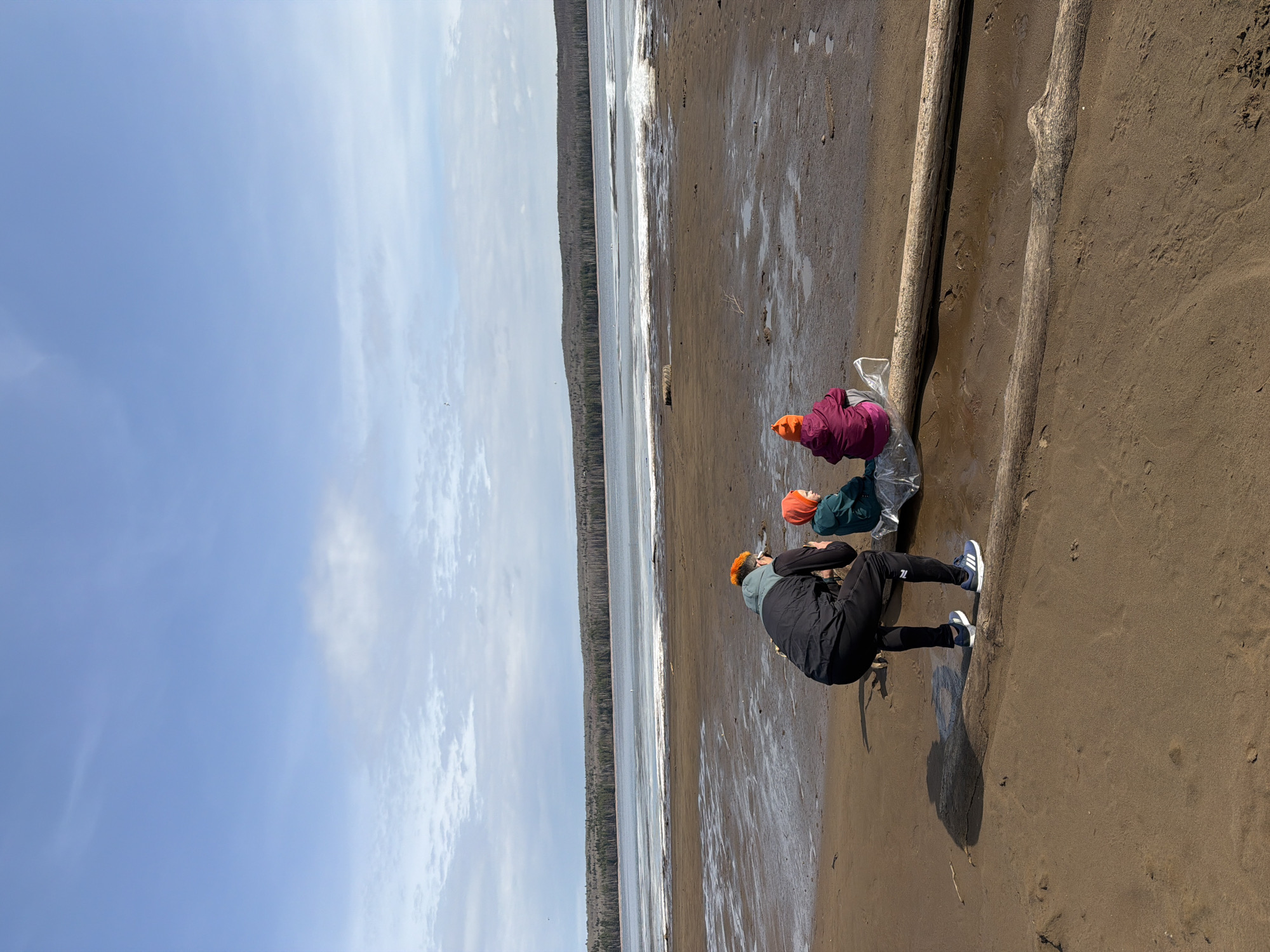 Three individuals are on a sandy beach alongside a body of water, possibly a lake or a wide river, located in Chaikovsky, Russia. Two fallen logs lie on the beach. The individual closest to the foreground is crouched down, wearing black athletic pants with a white logo, a grey jacket, and blue and white sneakers. The two other individuals, likely children, are wearing orange hats, with one in a pink jacket and the other in a green jacket. All three individuals appear to be collecting litter into plastic bags. The sky is partly cloudy with patches of blue. Trees line the opposite shore of the body of water.