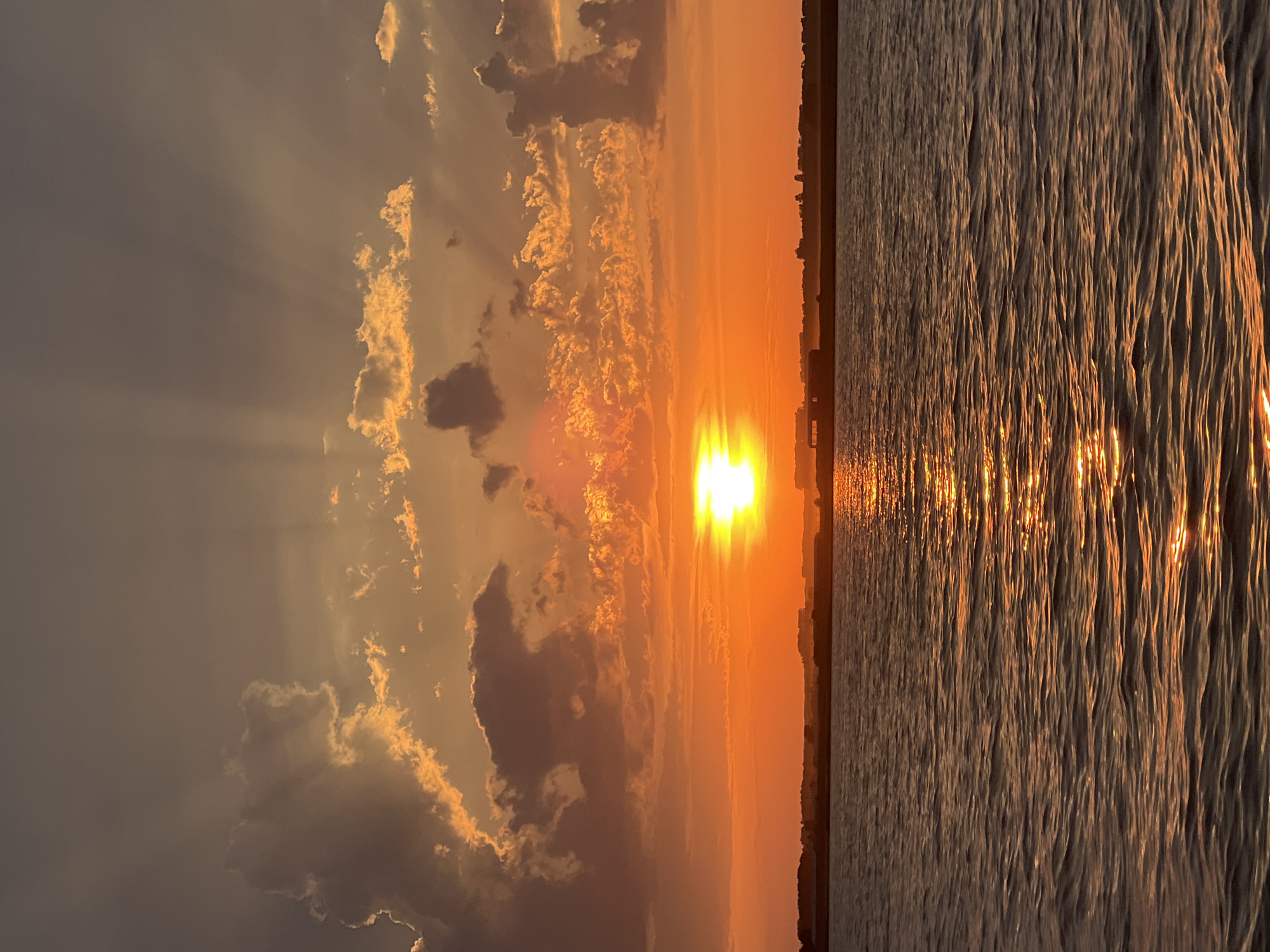 This is a photograph of a sunset over a body of water, likely a lake or a wide river, at Novopichugovo, Russia. The sky is filled with dramatic clouds, some dark and ominous, others illuminated with vibrant orange and yellow hues from the setting sun. Rays of light emanate from behind the clouds, creating a dramatic effect. The sun itself is a bright, glowing orb low on the horizon, casting a brilliant orange reflection on the rippling water. A dark, silhouetted landmass with vegetation and some structures can be seen in the distance across the water. There are no people or animals visible in the image. The overall scene conveys a sense of natural beauty and tranquility.