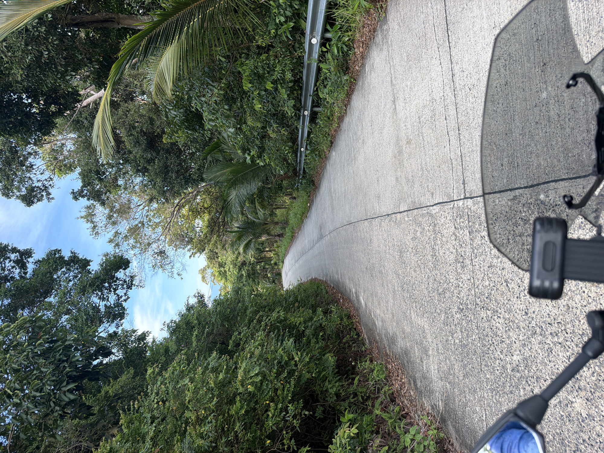 An asphalt road curves through a lush, tropical environment, bordered by dense green foliage and palm trees. The road is marked by a single solid white line down the center. A silver guardrail runs along the right side of the road. In the foreground, the handlebars and a windshield of a motorcycle are visible, suggesting the image was taken from the perspective of a rider. The sky above is blue with scattered clouds. The scene is likely a scenic route in Baan Tai, Thailand, a region known for its natural beauty and tropical landscapes.