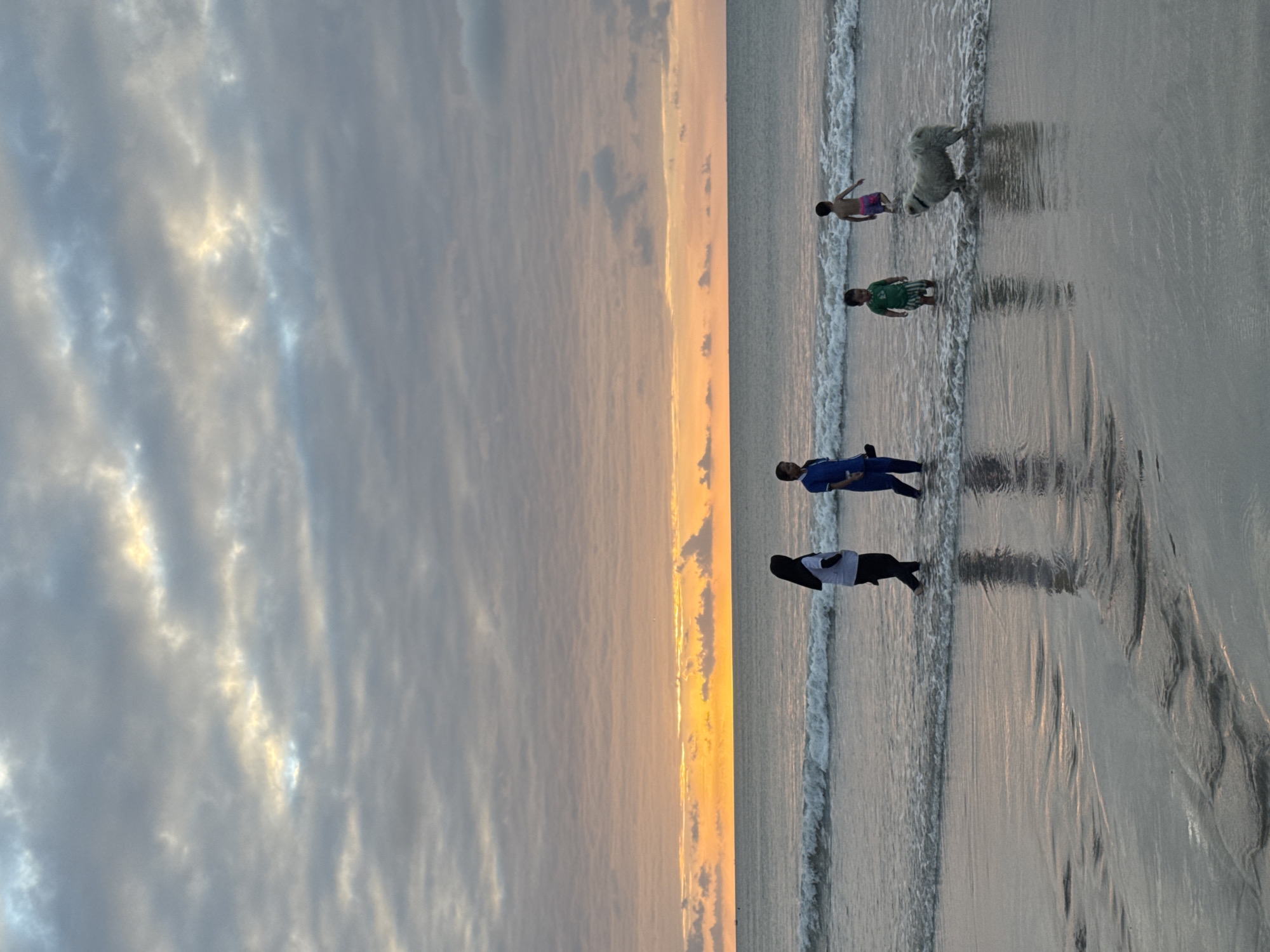 The image depicts a serene beach scene in Kuta Selatan, Indonesia, during what appears to be a sunset or sunrise. A group of people, including two adults and two children, are present near the shoreline. One adult, wearing a black hijab and white shirt, is standing in the shallow water, as is another adult in a blue outfit. Two young children, one in a green shirt and striped shorts, and another in colorful swim trunks, are also wading in the water. A large, fluffy white dog stands in the shallow waves, facing towards the right of the frame. The ocean is calm, with gentle waves lapping the shore. The sky is filled with a mix of soft gray and orange clouds, illuminated by the warm glow of the sun just above the horizon. The wet sand reflects the muted colors of the sky, creating a tranquil and picturesque atmosphere.