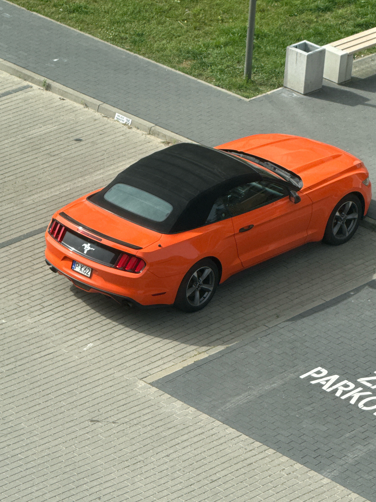 An orange convertible Ford Mustang is parked on a light gray paved surface. The car has a black soft top. The license plate is visible and reads "P K62". The car is angled with its rear on the right side of the frame. To the left of the car, there is a sidewalk with gray pavers, and beyond that, a strip of green grass. In the upper right portion of the image, there is a concrete trash receptacle and a wooden bench. The ground where the car is parked has a dark gray painted rectangle with the word "PARKING" in white stenciled letters. The scene appears to be an outdoor parking area in a city.
