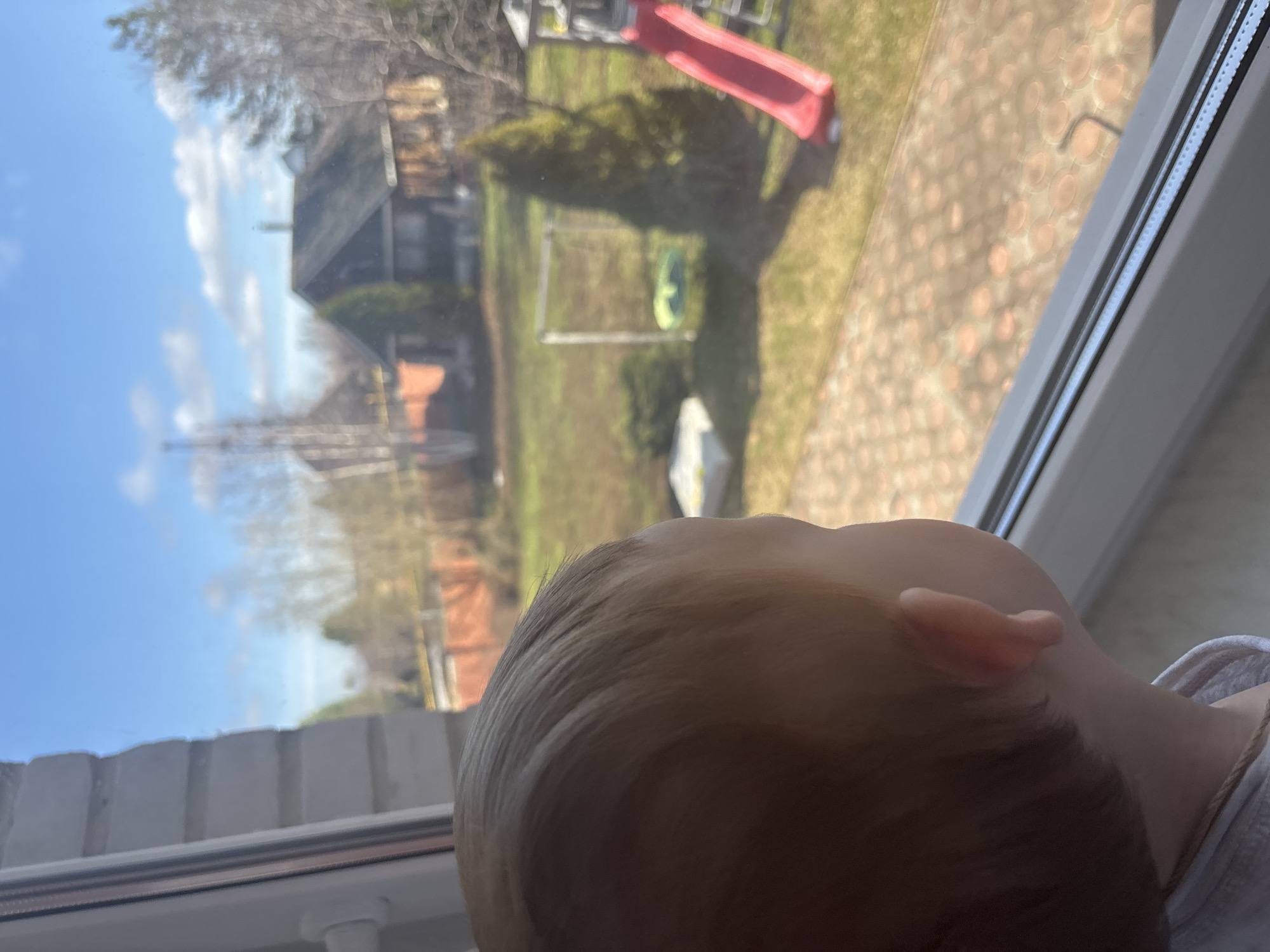 The image shows a partial view of a baby's head and ear, with a view of a yard through a window. The yard contains a house, trees, a lawn, a soccer goal, a slide, and a brick-paved area. The sky is blue with some clouds. The location is Ферма, Russia.