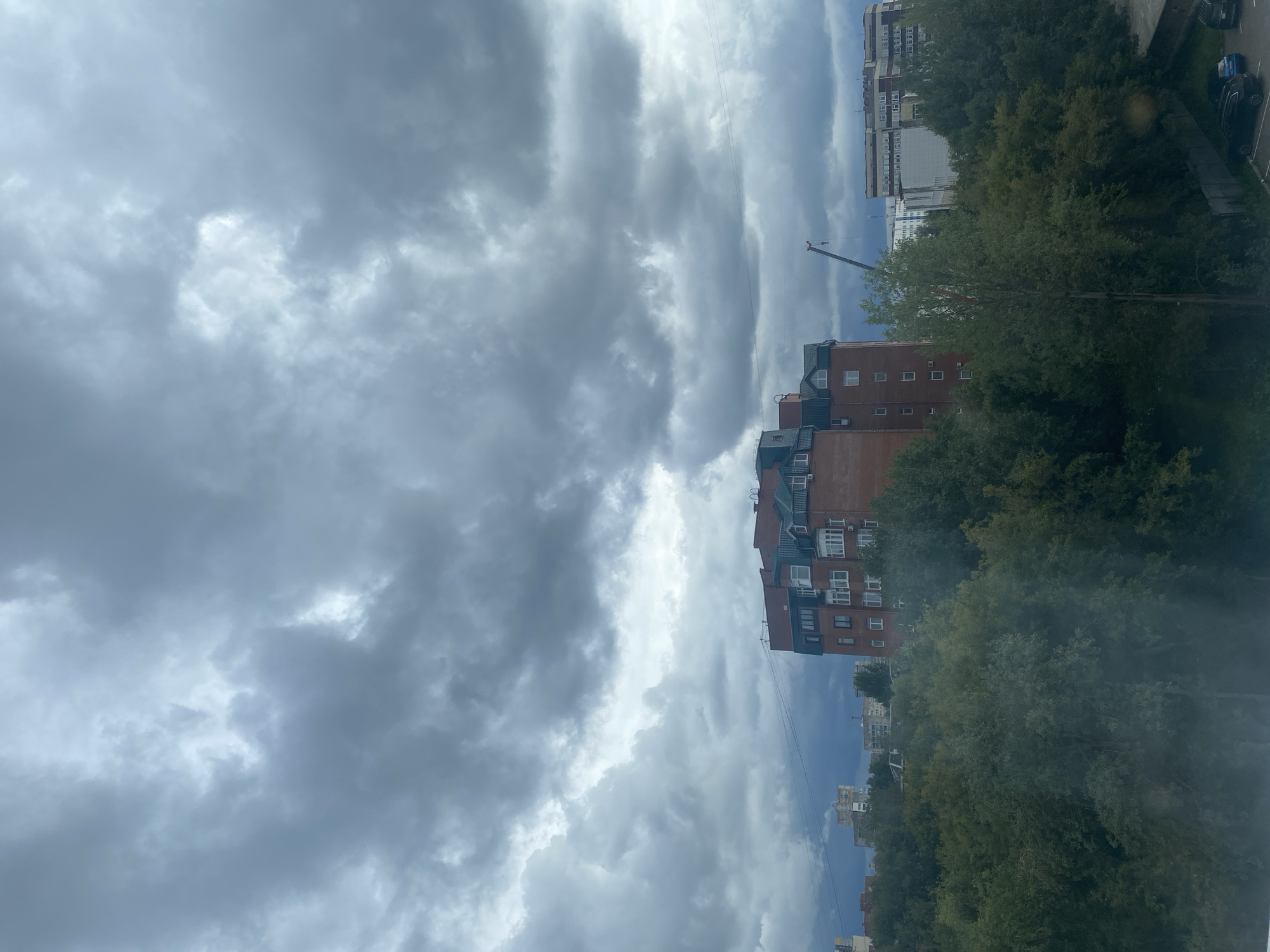 The image depicts a city skyline under a cloudy, overcast sky. In the foreground, lush green trees line the bottom half of the frame. Dominating the mid-ground is a multi-story brick building with a green roof, featuring numerous windows. To the right of this building, another, larger building with a lighter facade and many windows is visible. A construction crane extends upwards between these two buildings. In the background, several other buildings of varying heights are scattered across the horizon. The overall scene suggests an urban environment on a cloudy day.