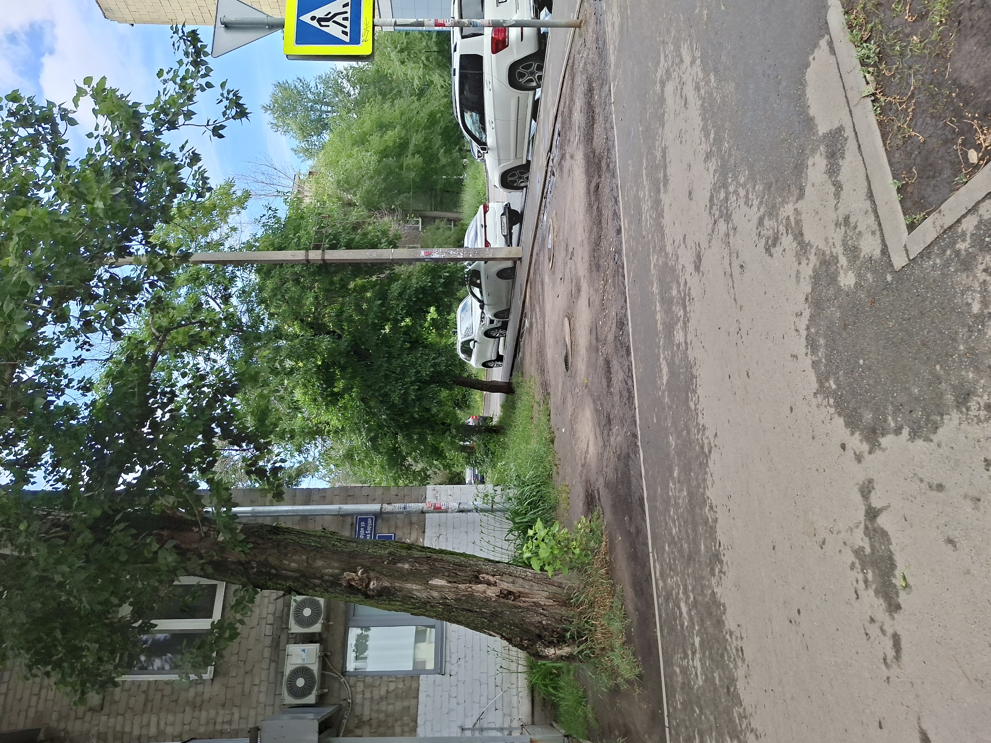The image depicts a street scene in Kazan, Russia. A large tree with green foliage dominates the foreground, its trunk leaning at an angle towards a brick building. The building has at least one window and two air conditioning units visible. To the right of the tree, a paved walkway runs alongside the street, with grass and other vegetation bordering it. Several white cars are parked along the curb on the other side of the walkway. A blue and yellow pedestrian crossing sign is visible at the top of the image, indicating a crosswalk. The sky is partly cloudy, suggesting it is daytime. The lighting suggests it is either morning or afternoon. There are no people visible in the image. Some graffiti or stickers are present on a utility pole. A street sign with Cyrillic text, potentially indicating a street name, is partially visible on the building. The overall scene suggests a residential or commercial street in an urban environment.