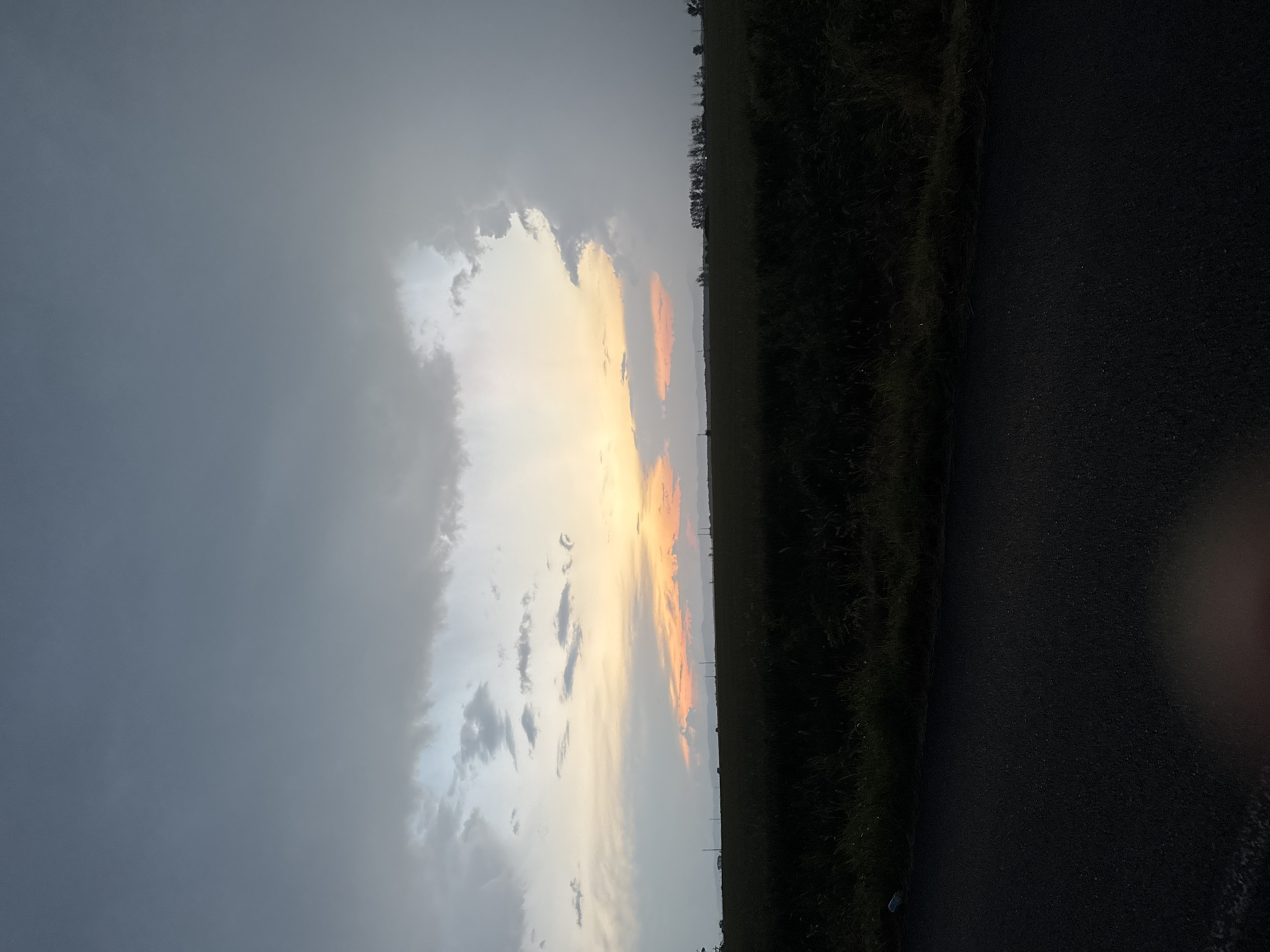 This media file presents an outdoor landscape scene, likely captured in a rural or semi-rural setting in Sarnevo, Bulgaria, during either sunrise or sunset.
The dominant feature is the sky, which exhibits a dramatic contrast. On the left side, a vast expanse of dark, heavy grey clouds covers the sky, suggesting an overcast or pre/post-storm atmosphere. Towards the center and right, these dense clouds give way to a spectacular display of color. Here, the sky is illuminated with vibrant golden, orange, and reddish hues, indicative of the sun's low position near the horizon, casting warm light onto the clouds. Lighter, more scattered clouds are also visible amidst the colorful sections.
The lower portion of the image shows the land. A dark, asphalt road occupies the right side of the foreground, running parallel to the bottom edge. To its left, a strip of dark green grass or wild vegetation, possibly a roadside verge, creates a boundary. Beyond this, a dark, flat expanse of land, likely agricultural fields, stretches towards the distant horizon. A faint line of trees or bushes is visible along the far horizon, silhouetted against the brightly lit sky.
No specific objects, buildings, or people are visible, focusing the attention on the natural elements. The overall atmosphere conveyed is one of natural beauty and tranquility, with the dramatic sky being the focal point. There is no visible text in the image.