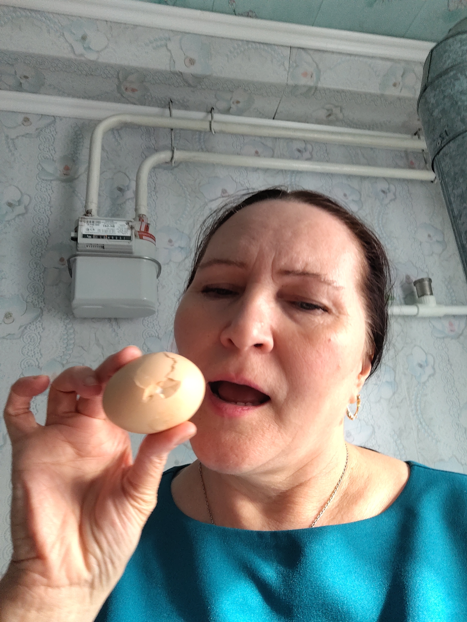 A woman, appearing middle-aged, is captured in a close-up, eye-level shot indoors. She is holding a light brown, cracked egg in her left hand, positioned near her open mouth. Her eyes are partially closed, and her facial expression suggests surprise, a grimace, or a dramatic reaction to the egg. She wears a teal or blue-green top, a thin silver chain necklace, and a gold hoop earring in her visible right ear.
The background consists of a wall covered in light blue wallpaper featuring a subtle floral or patterned design. Several white pipes run horizontally across the wall. A white gas meter is mounted on the wall, connected to some of these pipes, located behind the woman's head and left shoulder. To the far right, a large, vertically oriented corrugated metal pipe is partially visible. White crown molding or trim is present at the top of the wall.
Visible text on the gas meter includes "1989", "TXB_NK", "П0Д18", "190", and "ГАЗ" (Russian for GAS), along with a numerical display like "00088.081". The scene, set in what appears to be a residential interior, possibly a kitchen or utility area, is located in Сусады-Эбалак, Russia. The time of day is not discernible, but indoor lighting is implied.