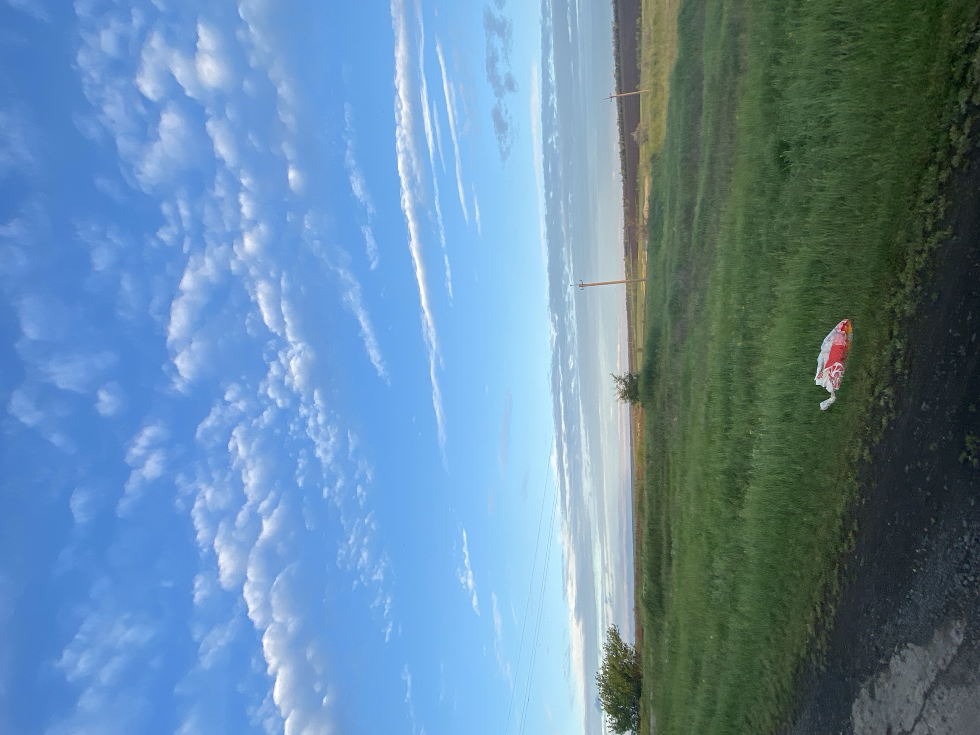 The image depicts a landscape with a field of green grass and a blue sky with scattered clouds. In the upper right, a horizon line separates the sky from the field. Two utility poles are visible in the middle ground. A piece of red and white debris lies on the ground near the bottom right corner. The photograph was taken outdoors. The city is Unknown, Unknown.