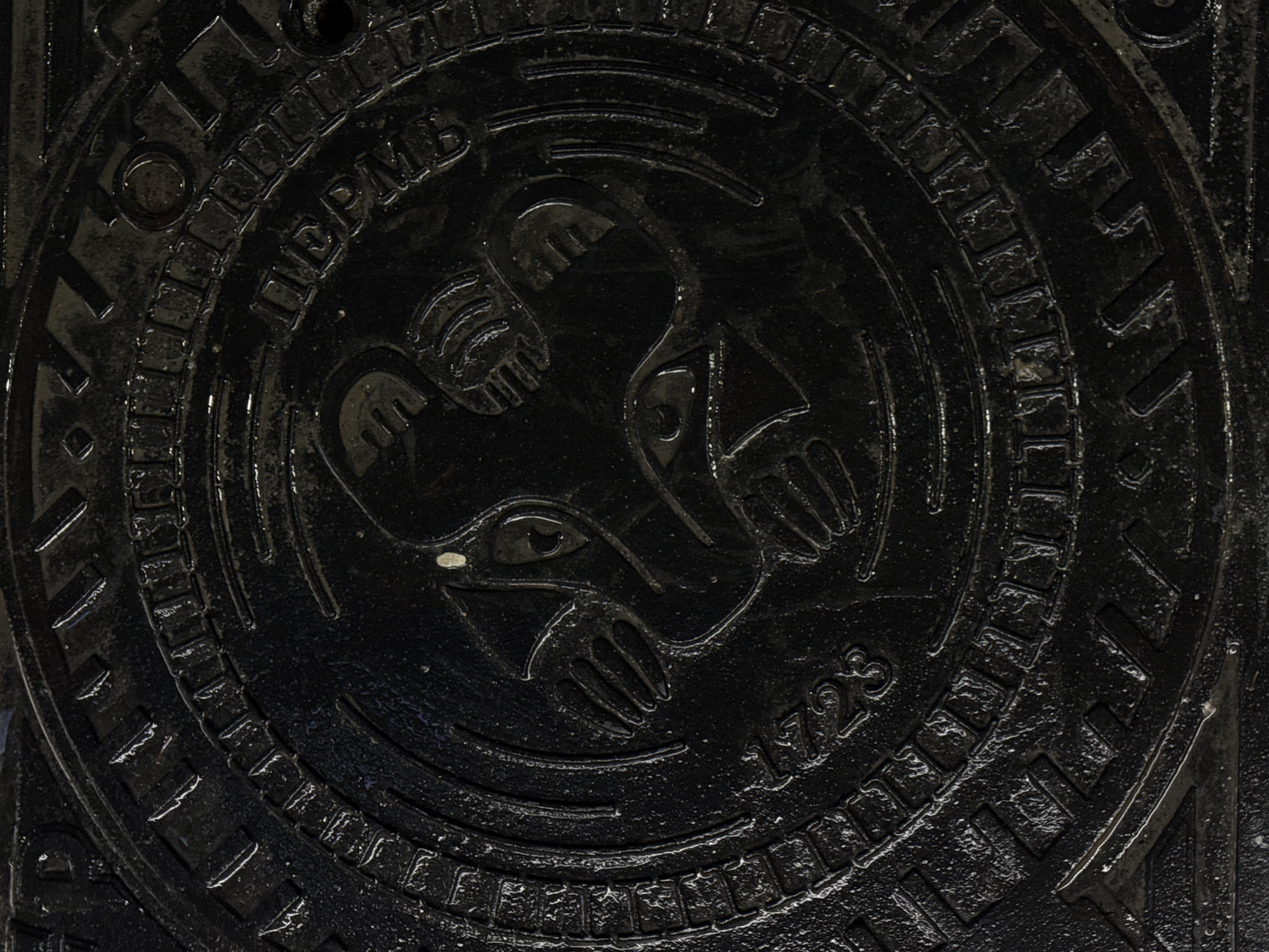 The image shows a close-up of a black manhole cover. The cover features a circular design with an embossed image of a stylized lion-like creature with crossed arms or paws. Around the central image, the word "Пермь" (Perm) is inscribed in Cyrillic script, along with the year "1723". The manhole cover is located in the city of Perm, Russia, as evidenced by the inscription. The cover shows signs of weathering and wear.