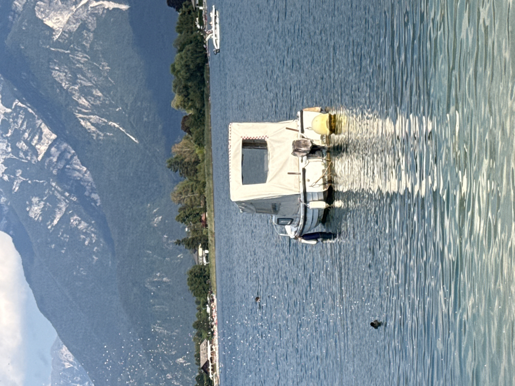 A calm, blue lake reflects the surrounding mountains and a small boat. The boat, moored in the foreground, is white with a tan canopy. A yellow buoy floats beside it. In the distance, a white motorboat carries passengers. The shoreline is lined with trees and buildings. Several birds are visible in the water, one swimming near the boat. The sky is partially cloudy. The scene is set in Calceranica al Lago, Italy.