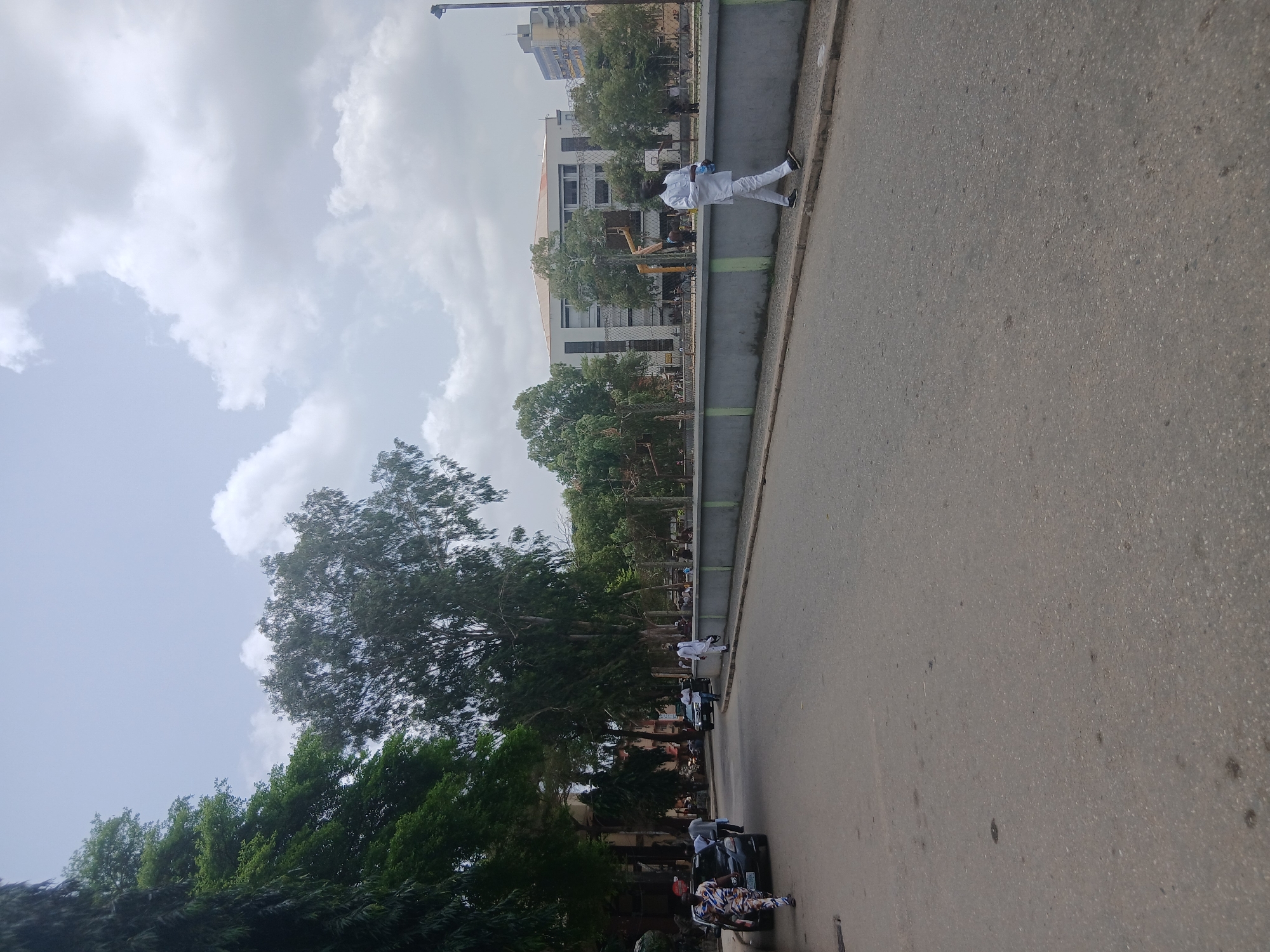 The image depicts an urban scene in Lagos, Nigeria. The view is from an elevated position, possibly a bridge or overpass, looking down onto a road. The sky is overcast with white and gray clouds. A multi-story building stands adjacent to the road.
Along the roadside, there are trees and shrubs, providing greenery. People are seen walking and standing near parked vehicles. One individual is wearing a white outfit, walking on the edge of the road. There are several cars parked along the road. The road surface is gray and appears to be asphalt. Construction equipment, including yellow excavators, is visible near the building.