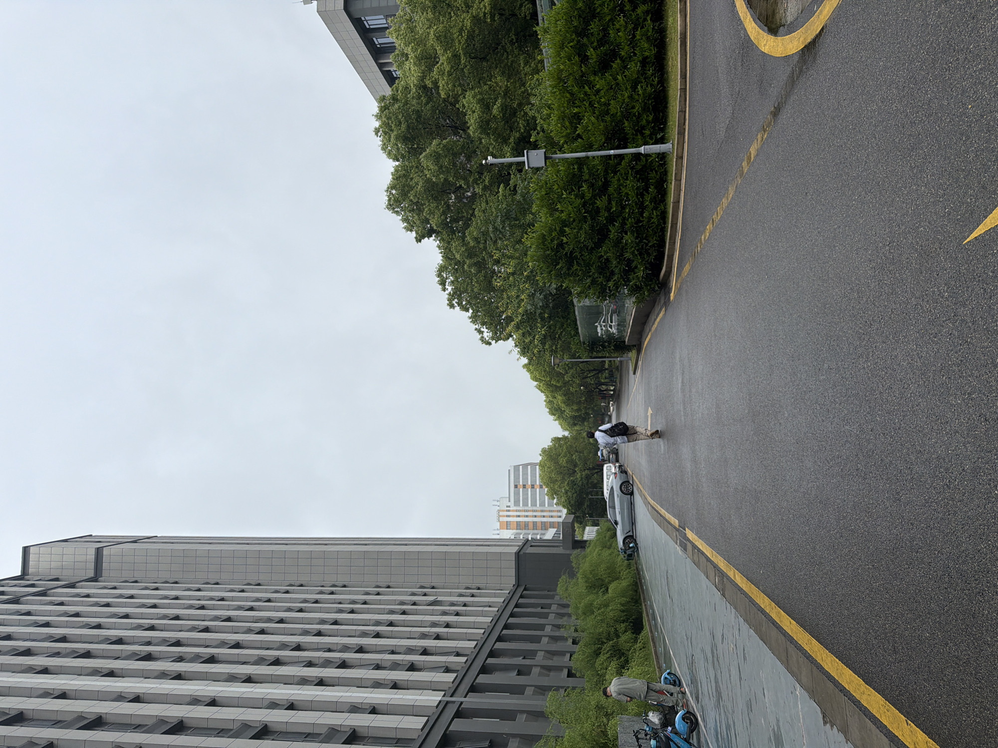 The image depicts a street scene in Jiangning District, China, on an overcast day. The road is wet, possibly from rain, and marked with a yellow line along the edge. A person is walking along the road. Several parked cars are adjacent to the street, and a bicycle is parked at the edge of the image. On one side of the road, there are buildings; a tall gray building is prominent on the left side. Trees and bushes are also visible along the road.