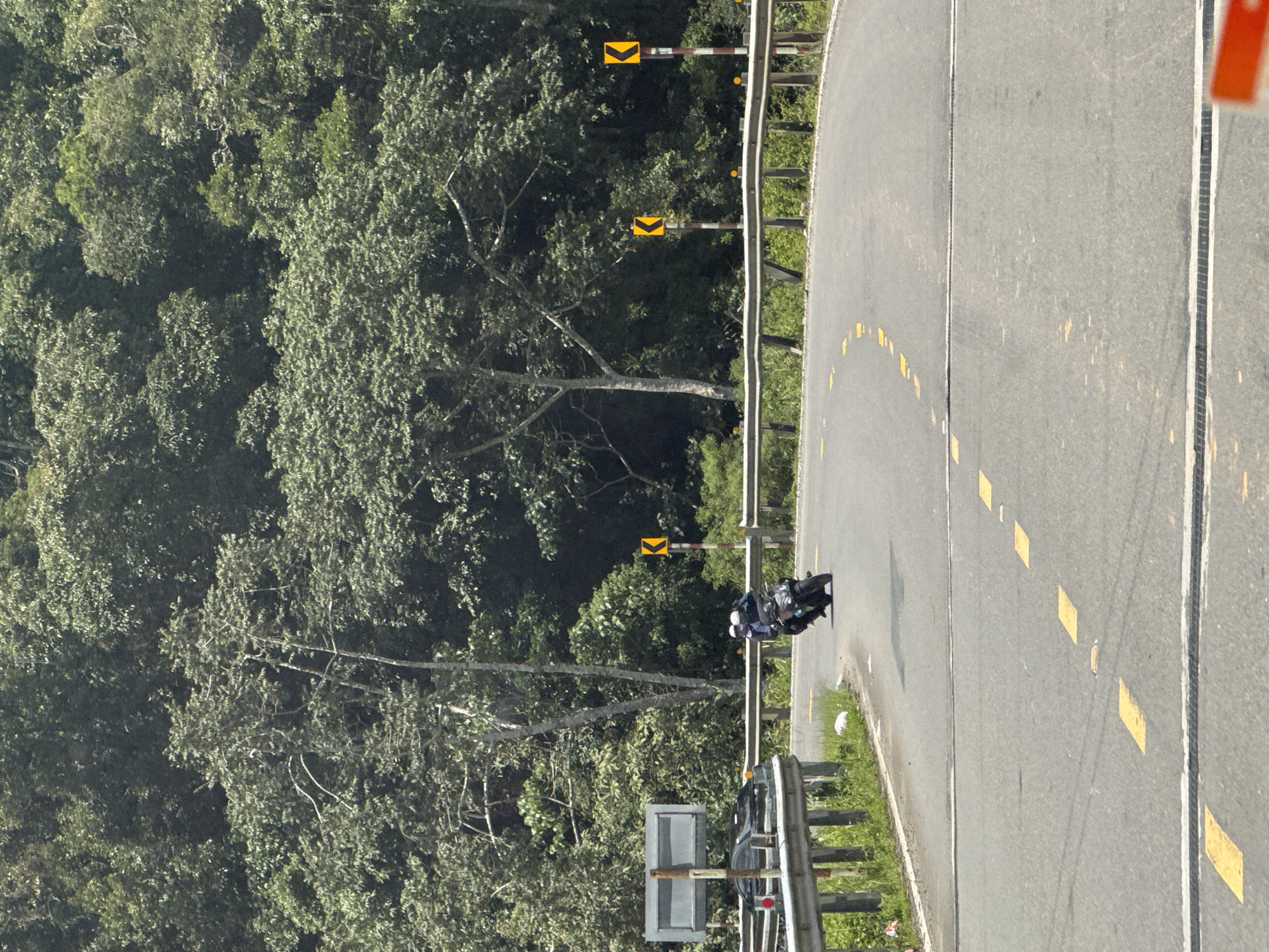 The image depicts a scenic mountain road in Lac Duong, Vietnam. A motorcycle with two occupants, both wearing helmets, is navigating a curve in the asphalt road. The road is marked with yellow lines and has a metal guardrail on the right side. On the left side of the road, there is a black car and a signpost with two rectangular boards. The surrounding environment is lush and green, with dense trees covering the hillsides. Two yellow curve warning signs are visible along the right side of the road. The sky is overcast, suggesting a daytime scene with diffused light.