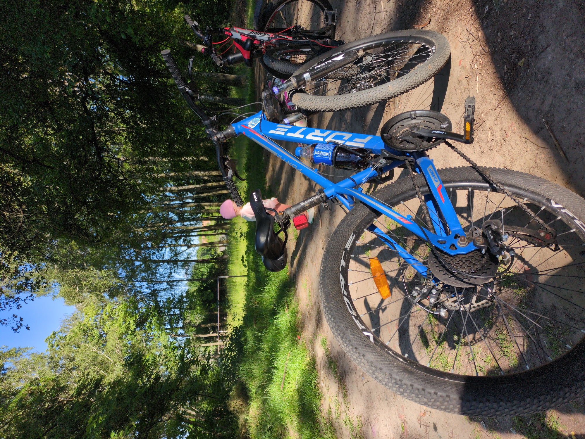 A blue and a red bicycle are parked on a dirt path in a wooded area. A young child wearing a pink hat and light-colored clothing stands in the background, facing away from the camera. The child is partially obscured by the blue bicycle in the foreground. The bicycles are mountain bikes with knobby tires. The blue bicycle has a water bottle attached to the frame. Sunlight filters through the trees, casting shadows on the ground. There is a soccer goal visible in the background, suggesting the area may be a park or recreational space.