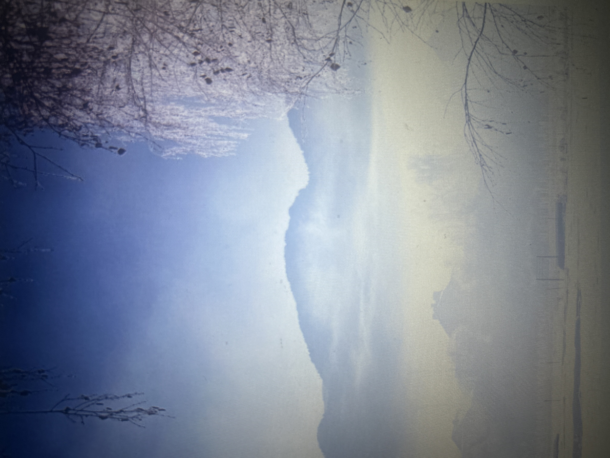 The image depicts a winter landscape with a clear blue sky above soft, hazy mountains. In the foreground, frost-covered branches of a tree frame the scene on the right and left sides. The middle ground features a village or settlement partially obscured by mist, with a prominent building that appears to be a church or a similar structure with a distinct roofline. The lower portion of the image shows a flat, open area, likely a field or frozen body of water, with a few dark vertical posts, possibly markers or part of a fence. The overall atmosphere is serene and cold. The location is identified as Vitosha Mountain, a protected natural park on the outskirts of Sofia, Bulgaria, suggesting the scene is likely a view towards the city from its mountainous backdrop, or a settlement in the foothills.